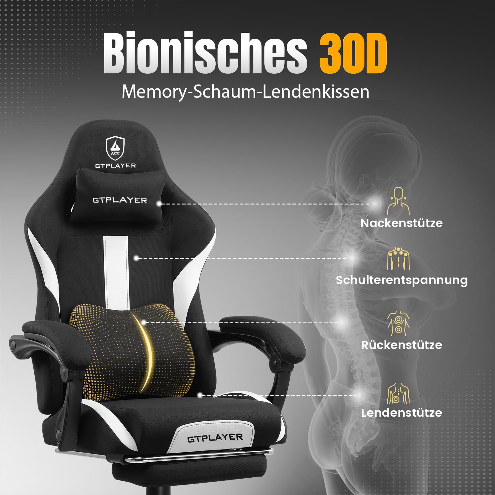 GTPLAYER Gaming Stuhl, Gamer Stuhl, Atmungsaktiver Bürostuhl aus Hochwertigem Stoff, Ergonomischer PC-Stuhl, Verstellbarer und Drehbarer Schreibtischstuhl 150KG, schwarz