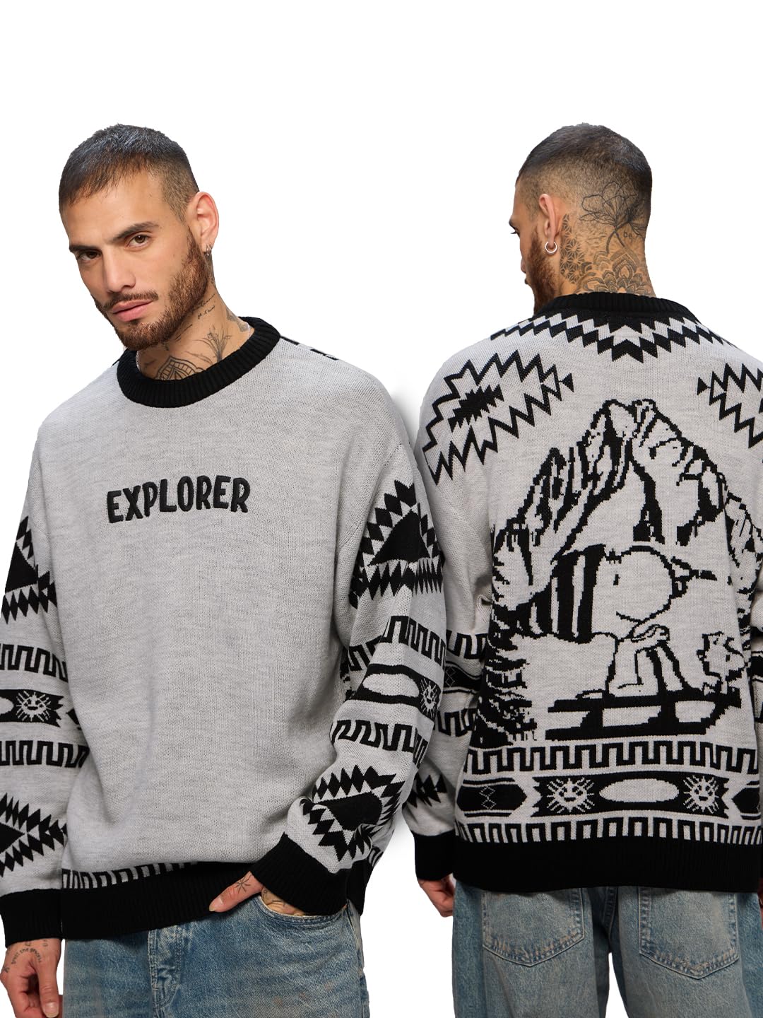 the souled store Peanuts: Explorer Men and Boys Long Sleeves Grey All Over Printed Acrylic Oversized Pullovers-picture-28