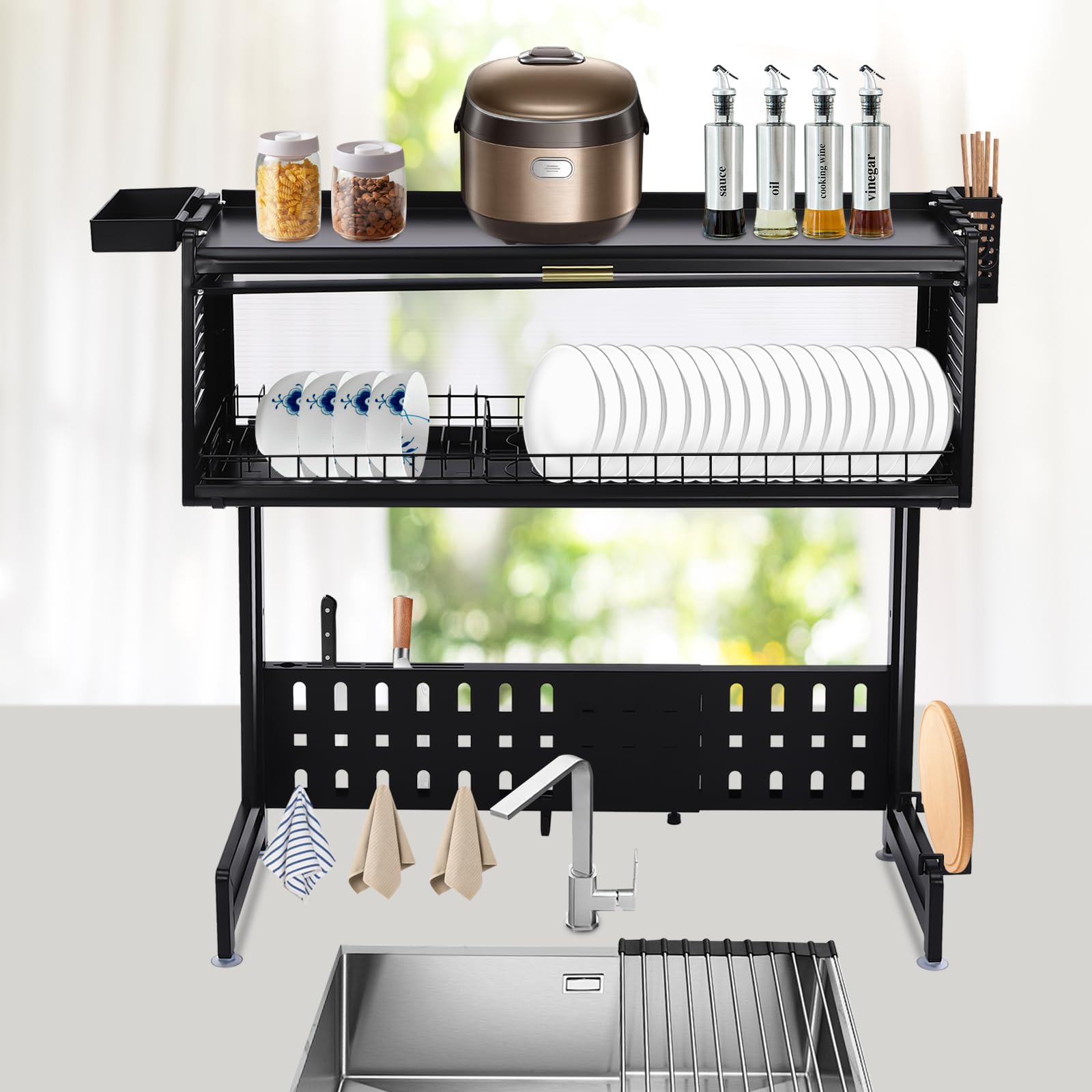 Scolapiatti Da Lavello 84.5 * 28 * 31cm Barra Portautensili Cucina Griglia Scolapiatti Lavello Cucina Con Mobile Per Piatti Coltelli E Forchette Bacchette Taglieri (Nero)