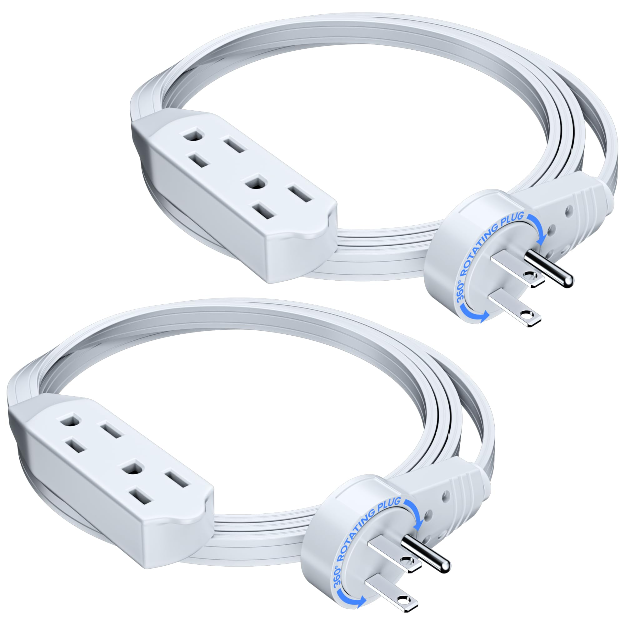 Extension Cord Flat Wall Plug Maximm 15ft Flat Plug Extension Cord - 360°  Rotating Low Profile Design For Under Furniture/Carpet (White) Under Rug  Flat Extension Cord, image size:2000x2000
