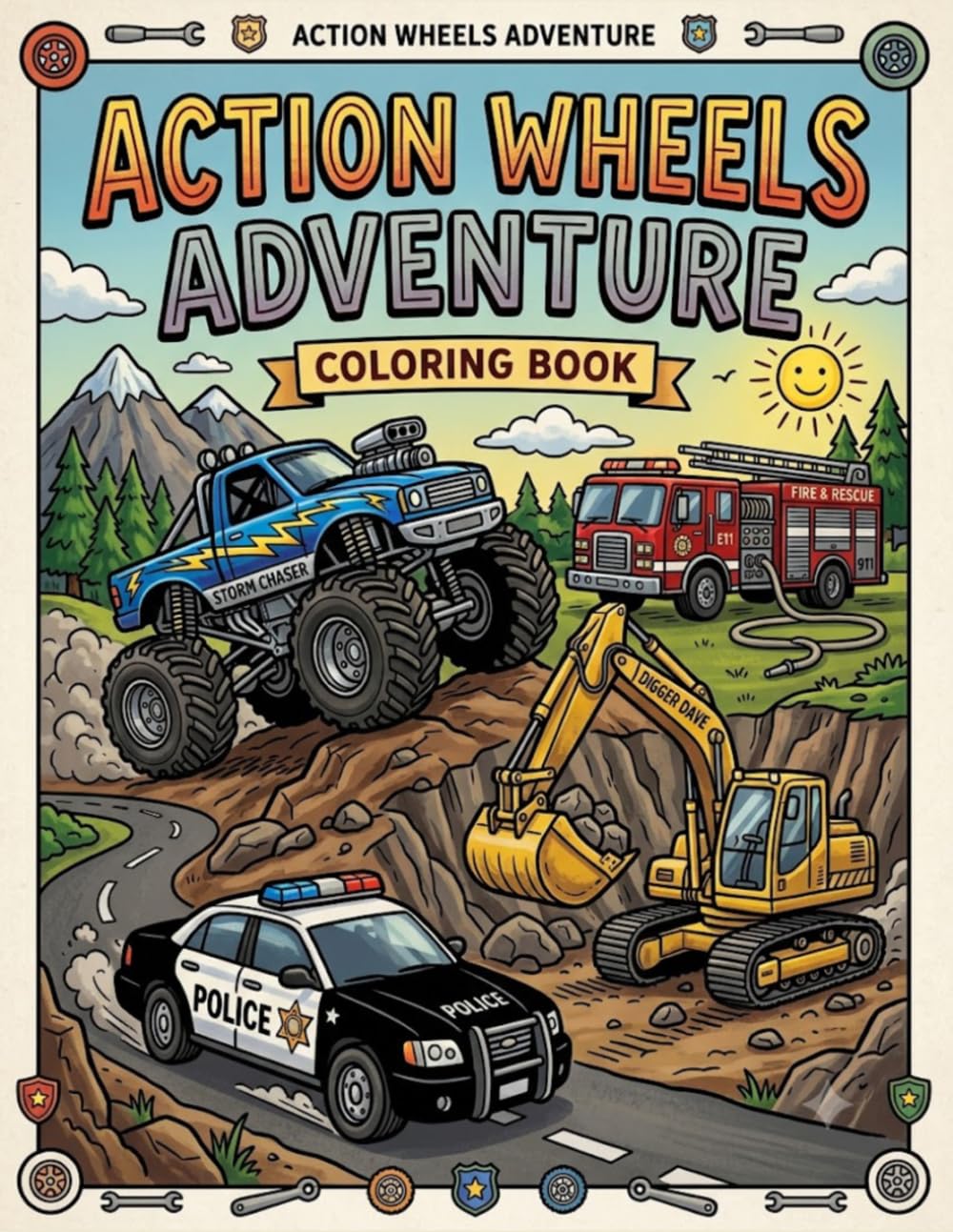 Action Wheels Adventure: Fun Coloring Pages for Kids Featuring Monster Trucks, Race Cars, Construction & Emergency Vehicles