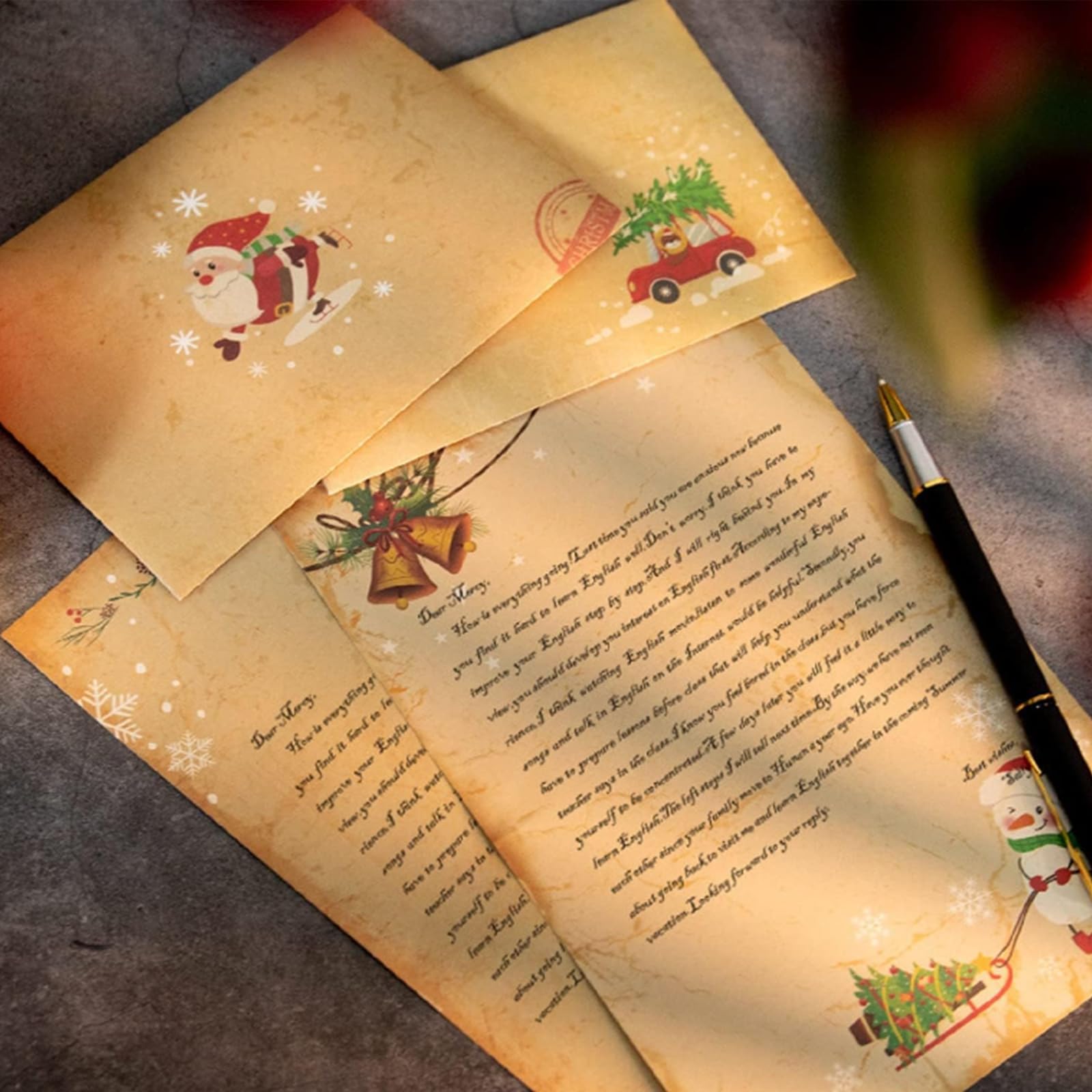 Zestaw papieru listowego vintage z kopertami 12 arkuszy 6 kopert sznurek konopny 10 m naklejki świąteczne