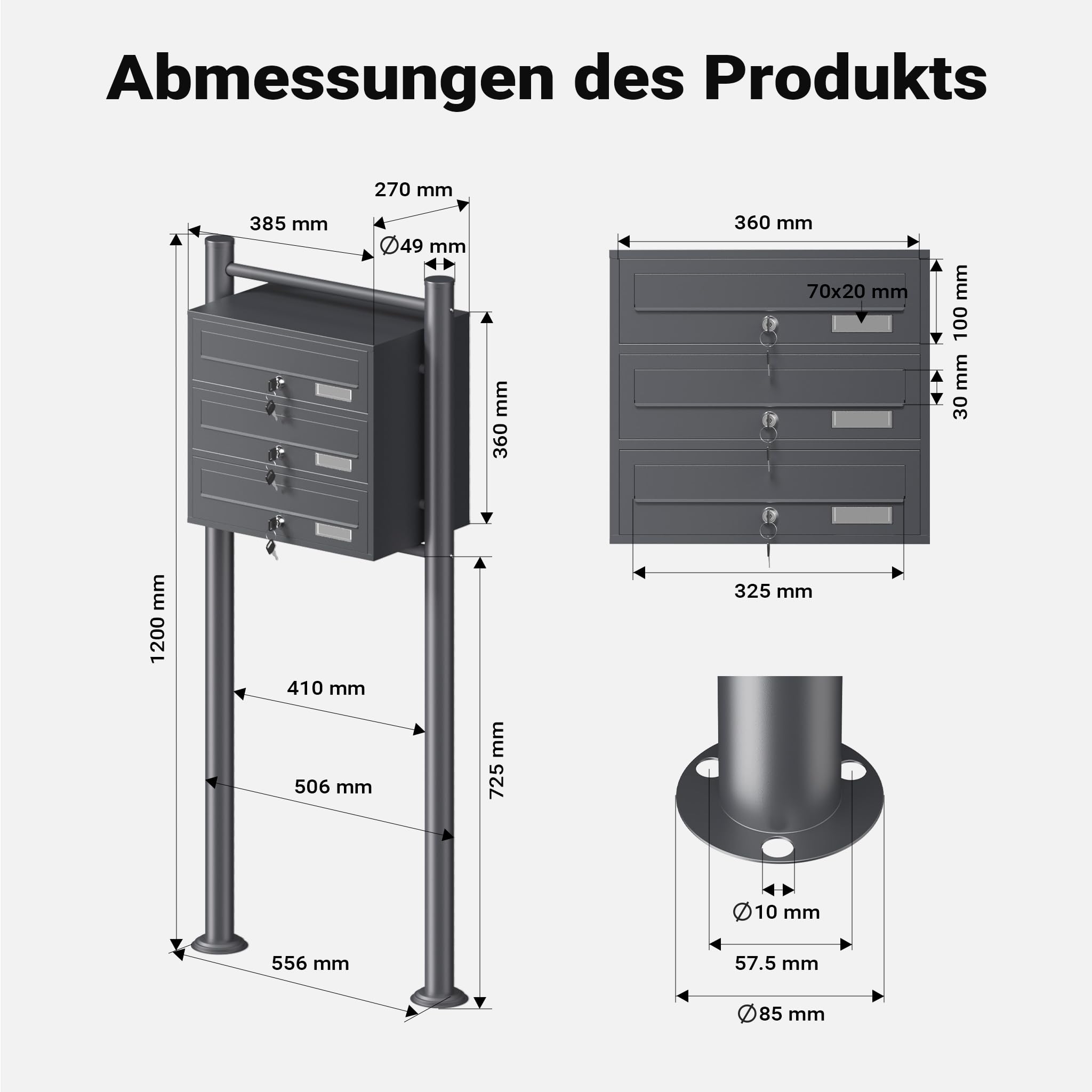Wiltec 3er Briefkastenanlage Anthrazit 556 x 270 x 1200 mm, Standbriefkasten mit 3 Fächern, Schlüssel und Namensschild, Briefkasten Postkasten mit Ständer