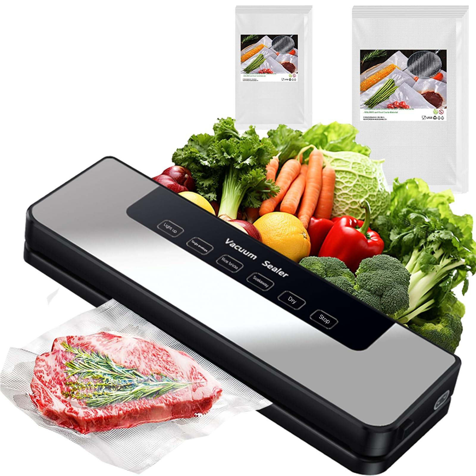 Machine à emballer sous vide 6 en 1 - Rapide et compacte - 65 kPa - Aspiration puissante avec 20 sacs d'emballage sous vide - 30 cm de long - Pour conserver les aliments secs et humides