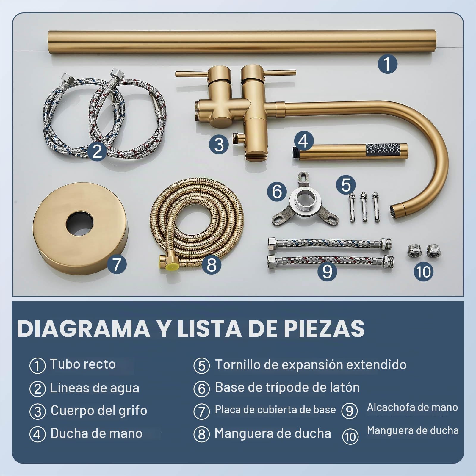 Grifo de bañera independiente para montaje en el suelo, grifo de ducha de alto flujo dorado cepillado con grifo mezclador de ducha de mano, boquilla giratoria