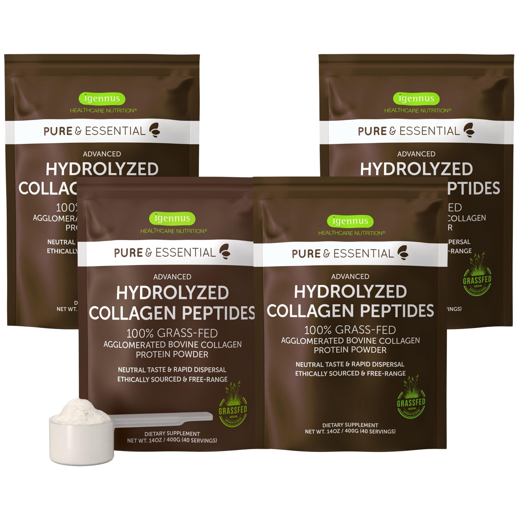 Igennus 100% Grass Fed Bovine Collagen Protein Powder, Highest Grade Hydrolyzed Collagen Peptides Types 1, 2 & 3, for Women & Men, Non-GMO, Free Range, Clean Label, Easy Mix, 4 x 40 Servings