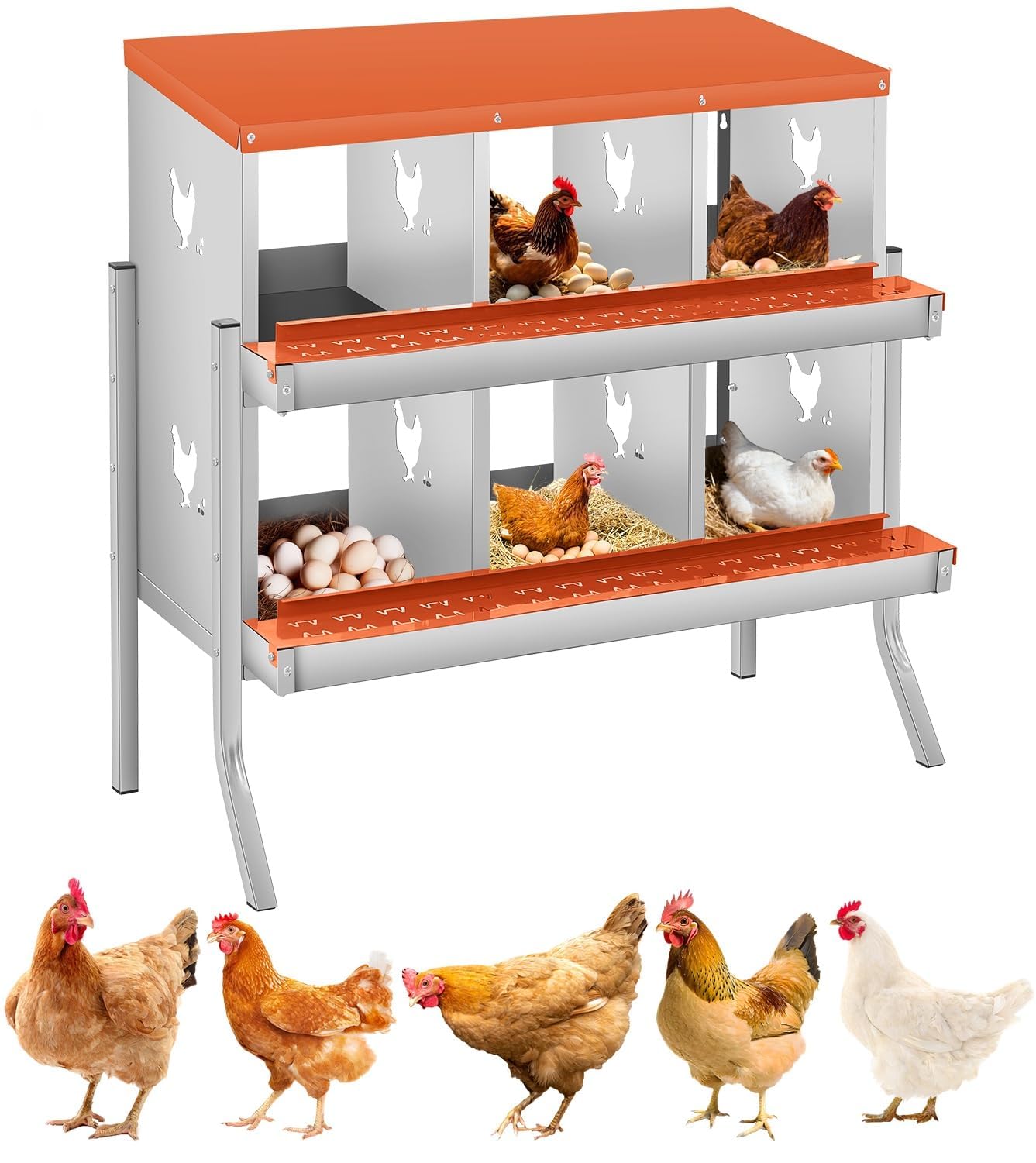 Garvee Scatola nido per galline in acciaio zincato antiruggine - 6 griglie ZW, due livelli, vassoio rimovibile - Fori di ventilazione, montaggio a parete - Rosso