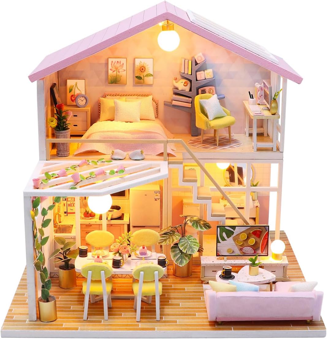 MAGQOO Wooden Dollhouse Miniature with Furniture DIY Dollhouse Kit DIY House Kit Tiny House Kit with Voice Control and Music Movement 1:18 Scale Creative Room Idea(Time Travel)