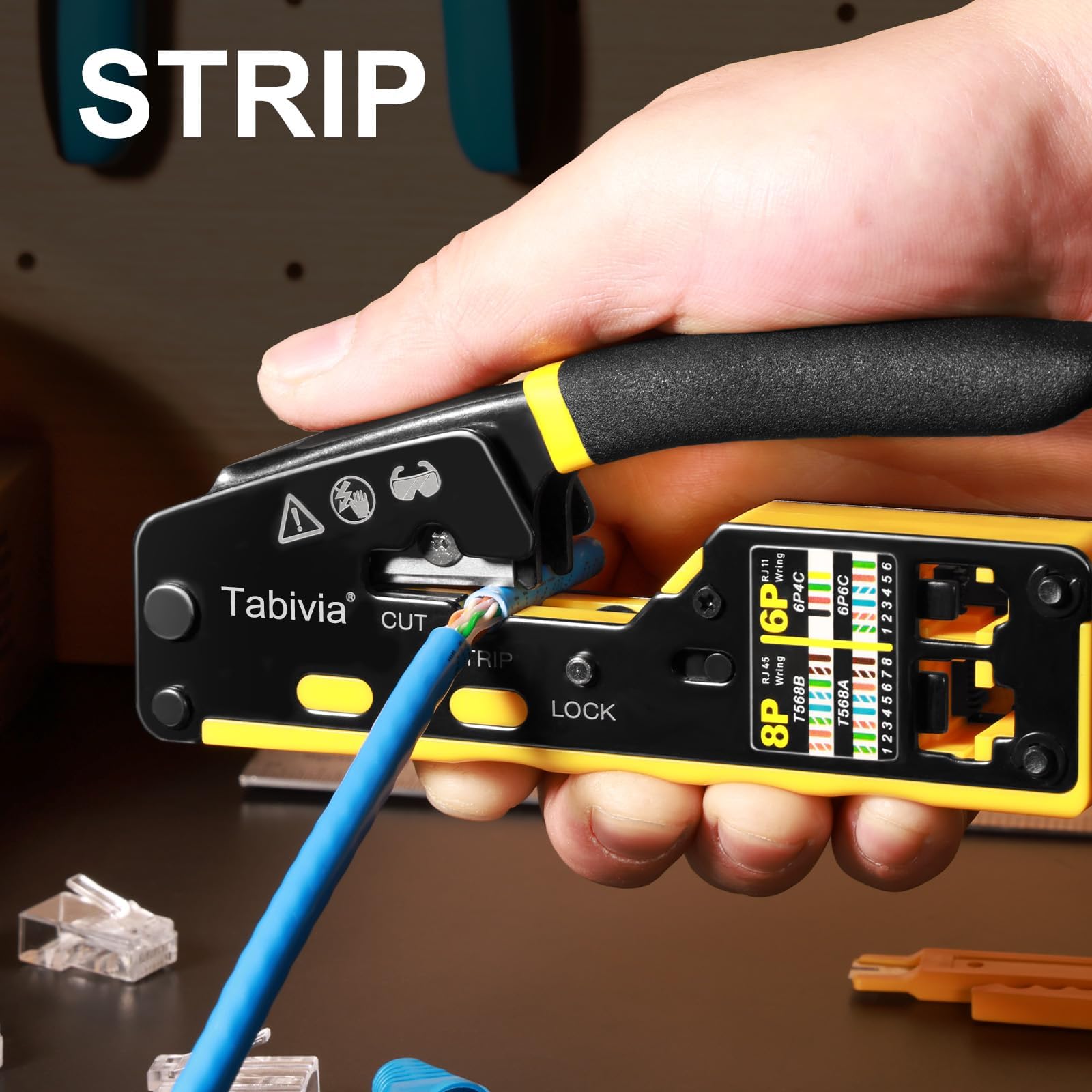 Kit de herramientas de crimpado RJ45 todo en uno, kit de herramientas de crimpado Ethernet, herramienta de crimpado de paso RJ45 para Cat6 Cat5e Cat6a con probador de cables de red, 50