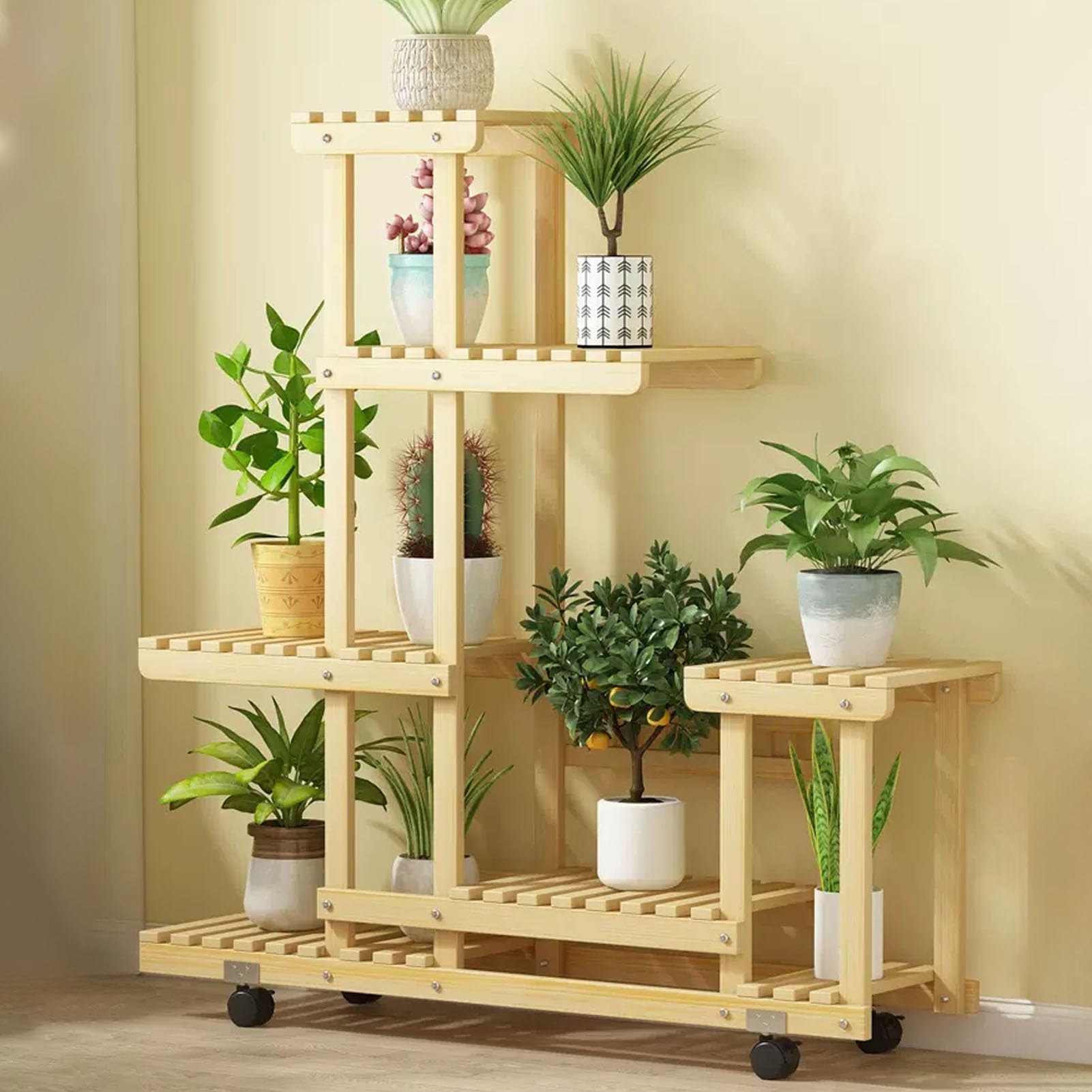 Support pour plantes en bois sur roulettes - Étagère à fleurs naturelle multicouche
