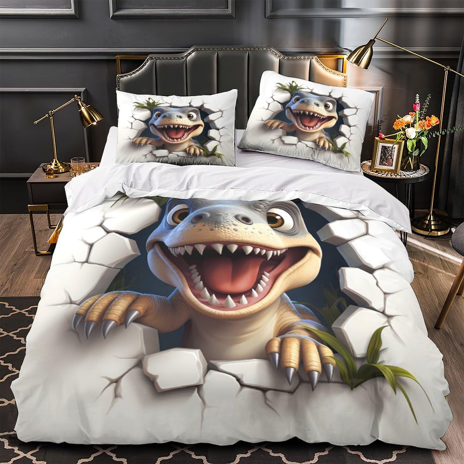 Housse de couette dinosaure pour lit double enfant et ado dans une chambre vintage