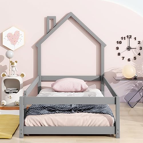 Miniatura 25 de SOFTSEA Base de cama completa para niños, plataforma de madera para casa, marco de cama para niños, necesita somier, fácil de montar, gris Natural
