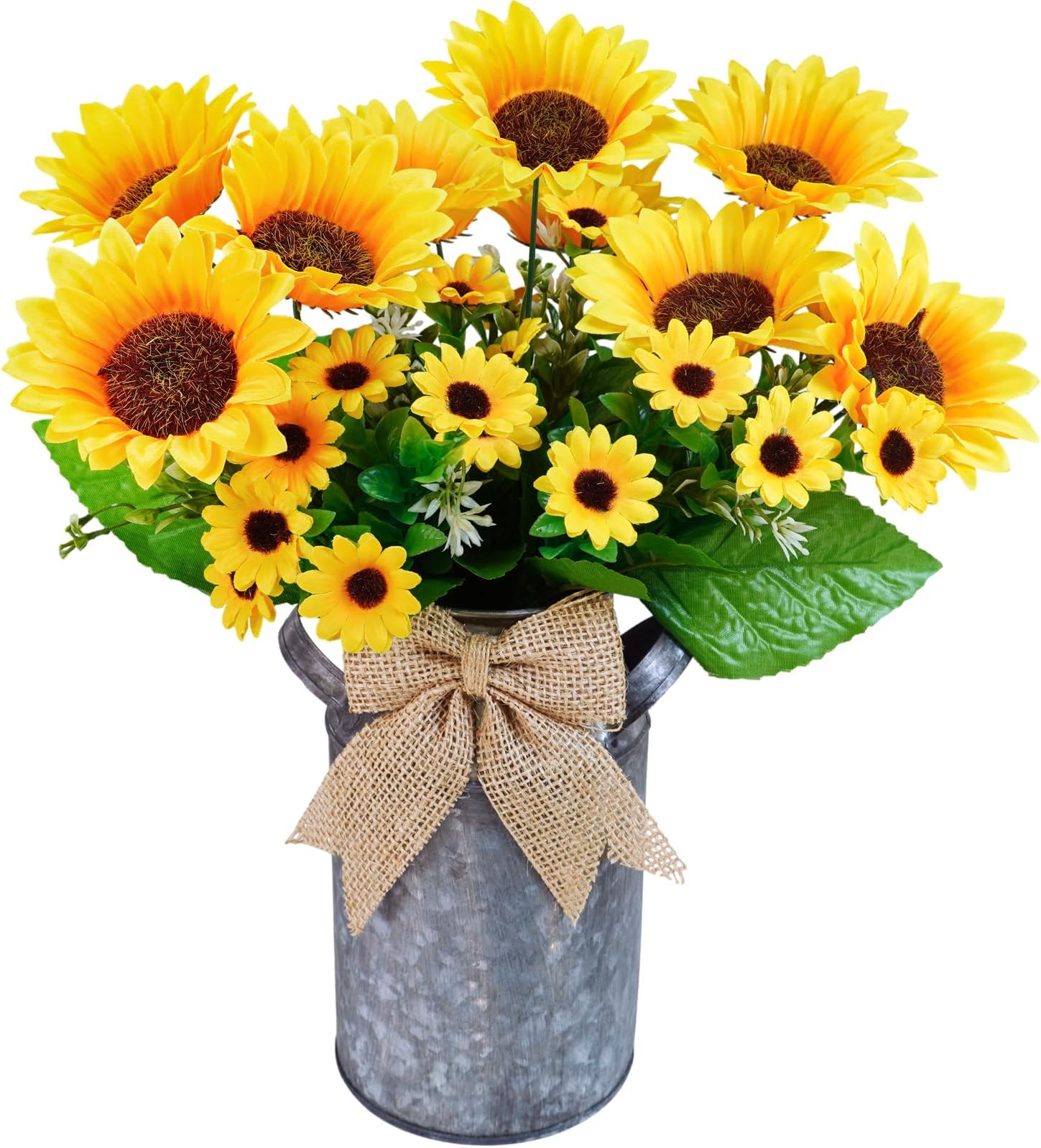 Winlyn Farmhouse Artificial Sunflowers in Rustic Metal Milk Can Sunflower Table Centerpiece Yellow Artificial Sunflower Arrangements 13" for Home Kitchen Room Summer Wedding Everyday Tabletop Décor