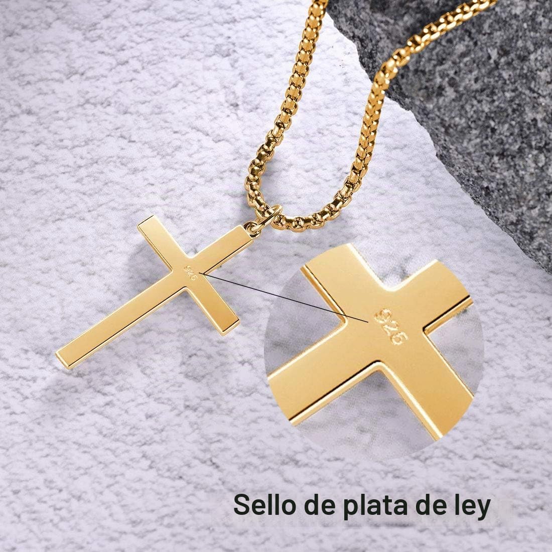 FANCIME Collar con Colgante de Cruz para Hombre Niños de Plata de Ley 925 Chapada Oro Amarillo con Cadena de Acero Inoxidable - Longitud Cadena: 56 cm