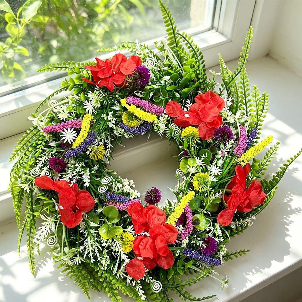 Generisch Ghirlanda per fiori selvatici, 45 cm, in plastica, resistente | Design realistico, mix di fiori selvatici, per interni ed esterni, diametro 45 cm, materiale resistente alle intemperie (45