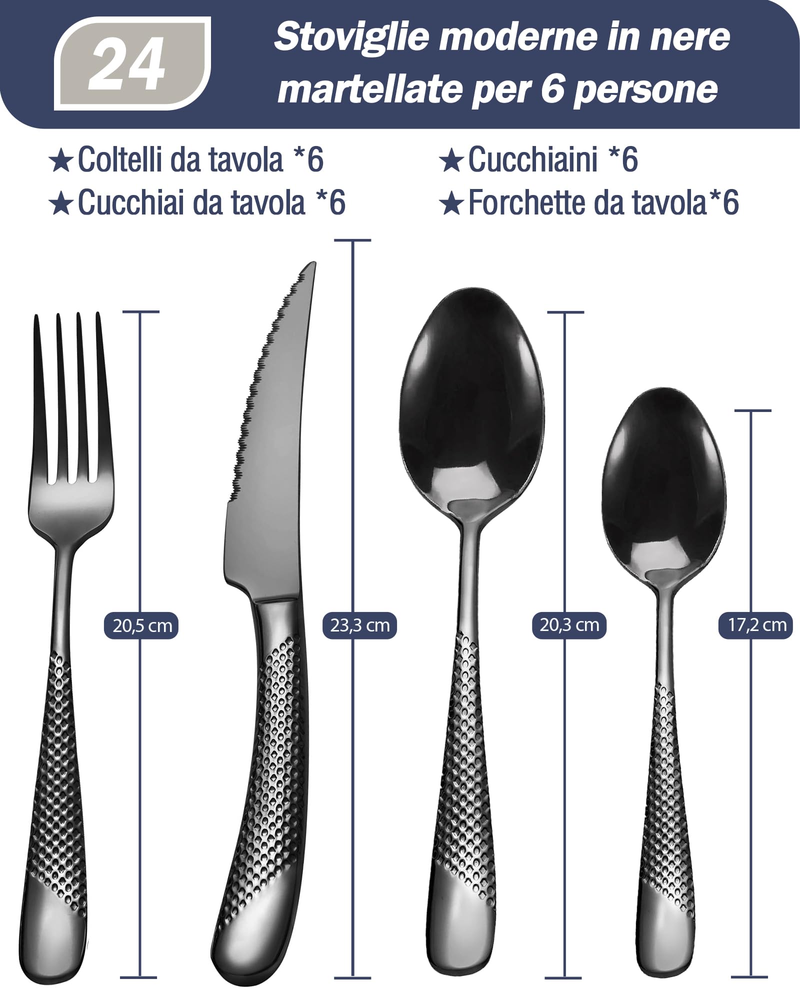 Set di Posate 24 Pezzi Moderne nero martellato con Coltello seghettato 2 in 1 Ultra affilato, Servizio Posate Acciaio Inox, Set forchette cucchiai coltelli 6 Persone noir martelé