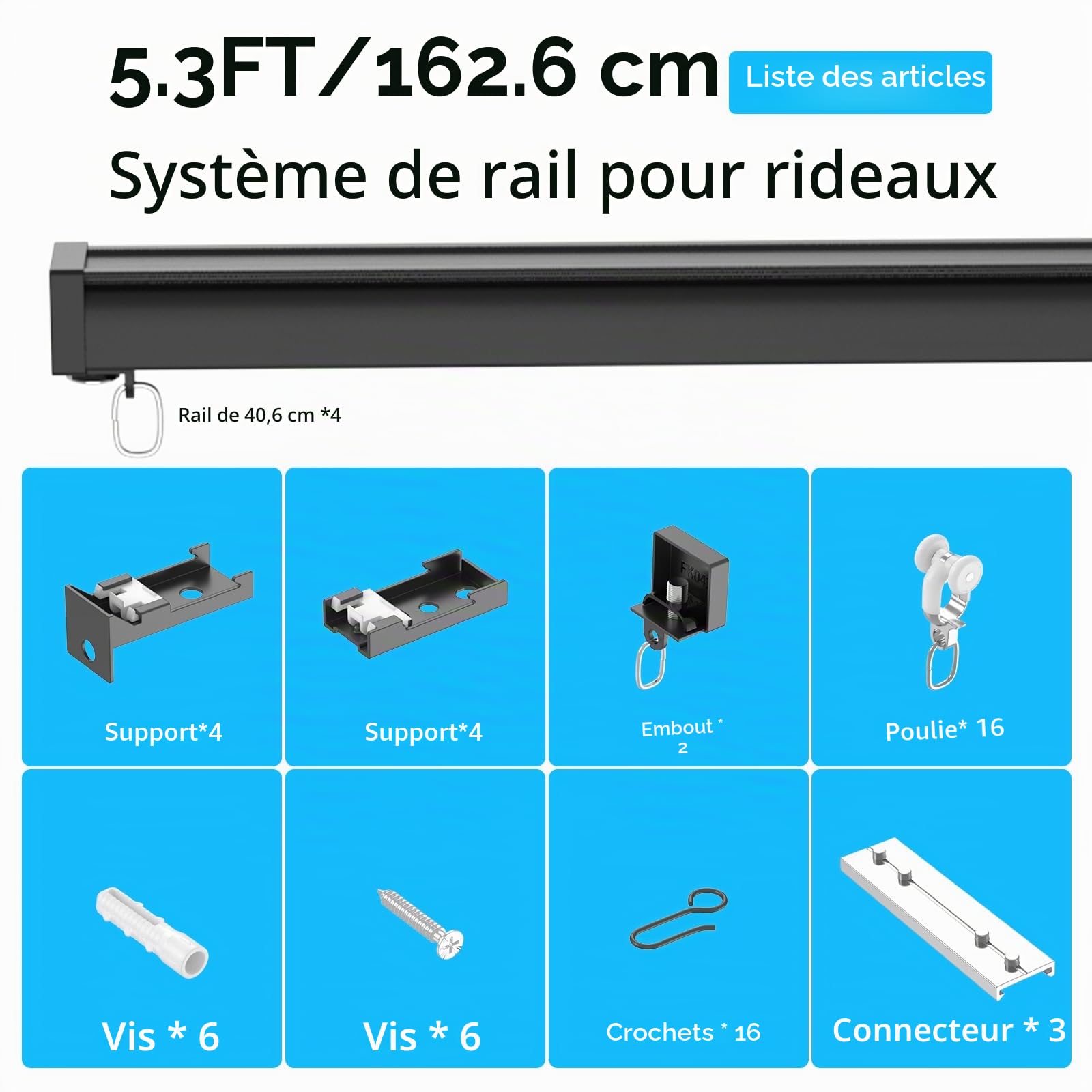 Rail de rideau de plafond et mural 4x40cm(160cm)- Facile à installer - Rail de rideau coulissant lisse - Montage au plafond et au mur - Tringle à rideaux robuste - Noir