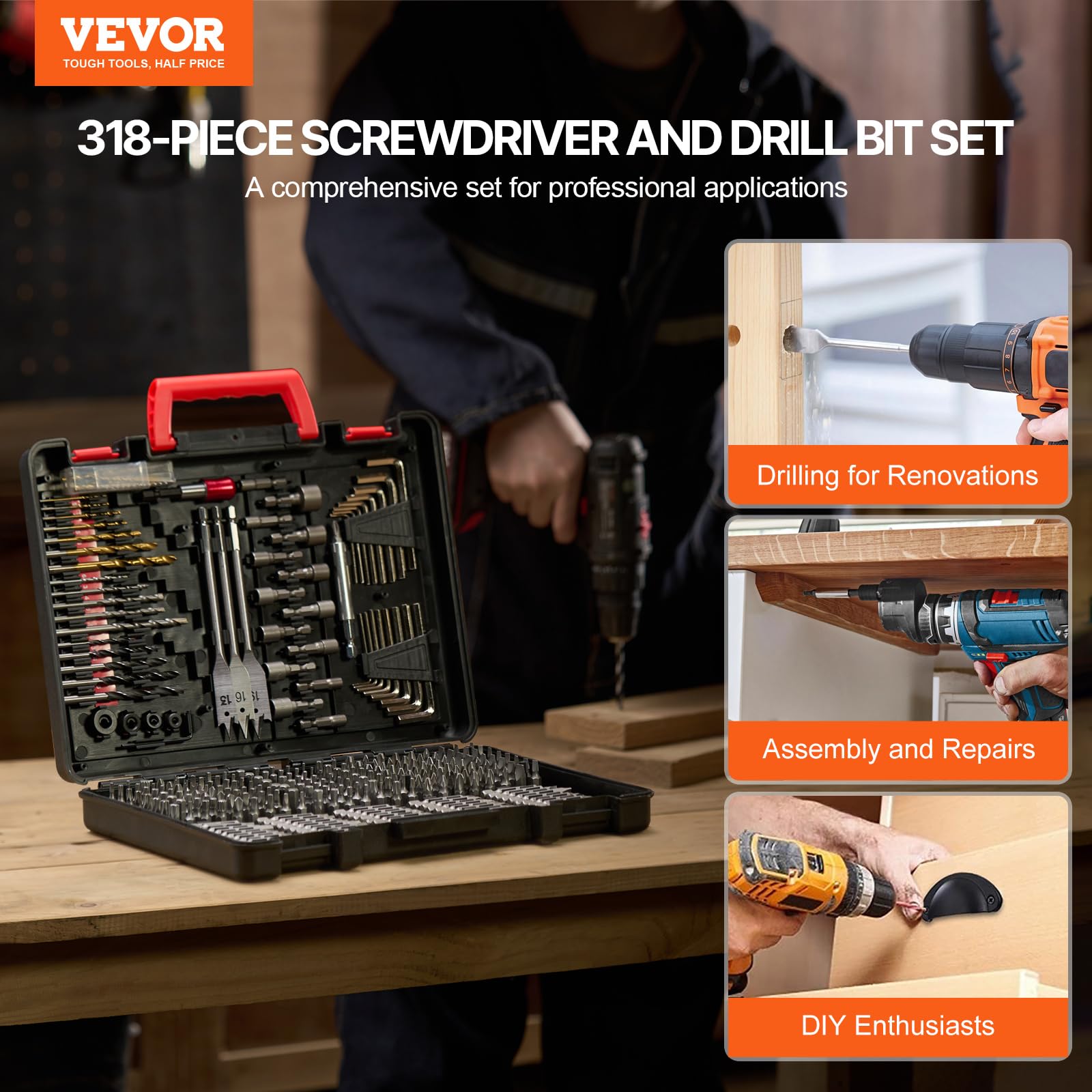 VEVOR Set di Punte da Trapano 318 Pezzi, Set di Punte da Trapano e Cacciavite, Set di Punte da Cacciavite Adatte per Foratura di Metallo, Kit Combinato Assortiti in Custodia per Trasporto Organizzata
