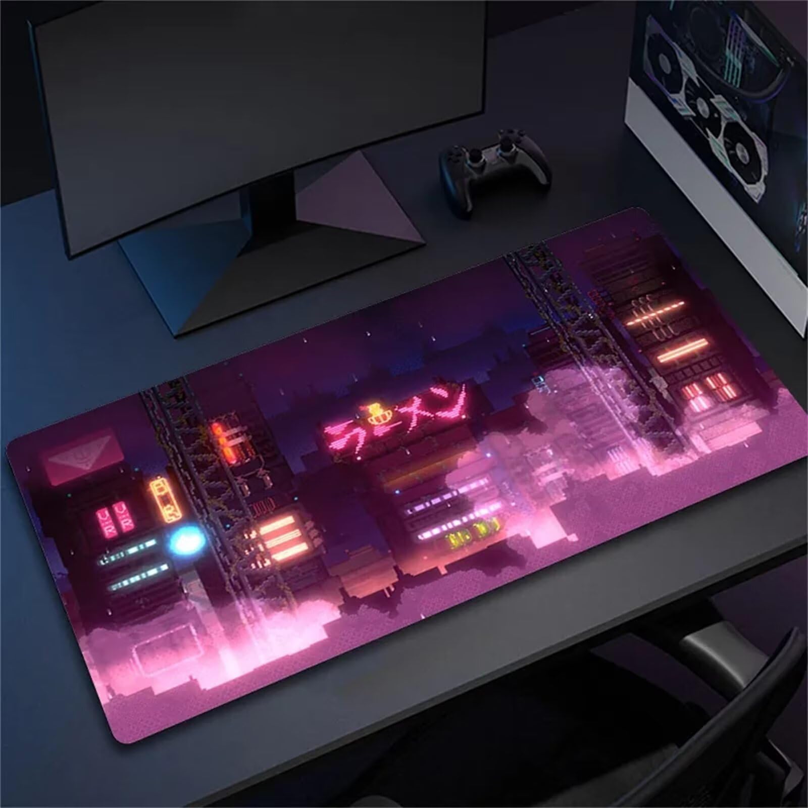 Alfombrilla de Ratón Grande XXL 1200x600x3mm Gaming Mouse Pad Ciudad Anime Rosa Alfombrilla Escritorio con Bordes Cosidos Textured Superficie Lavable Velocidad para PC, portátil