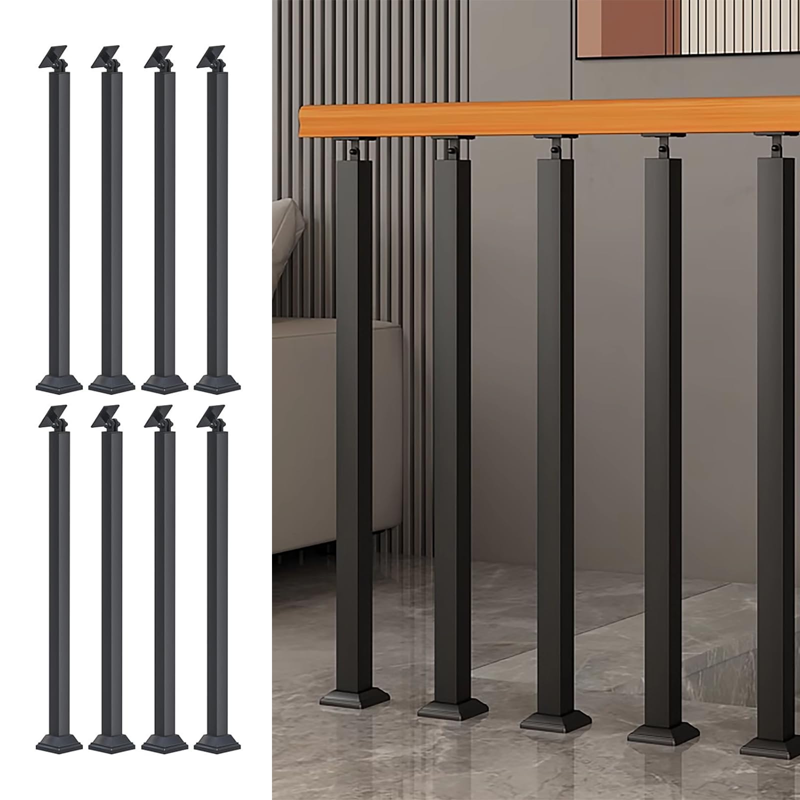 Square Stair Baluster Posts- 270° Adjustable Metal Railing Spindles with Flat Bracket Base and Screws Kits; Black Iron Posts are Suitable for Deck,
