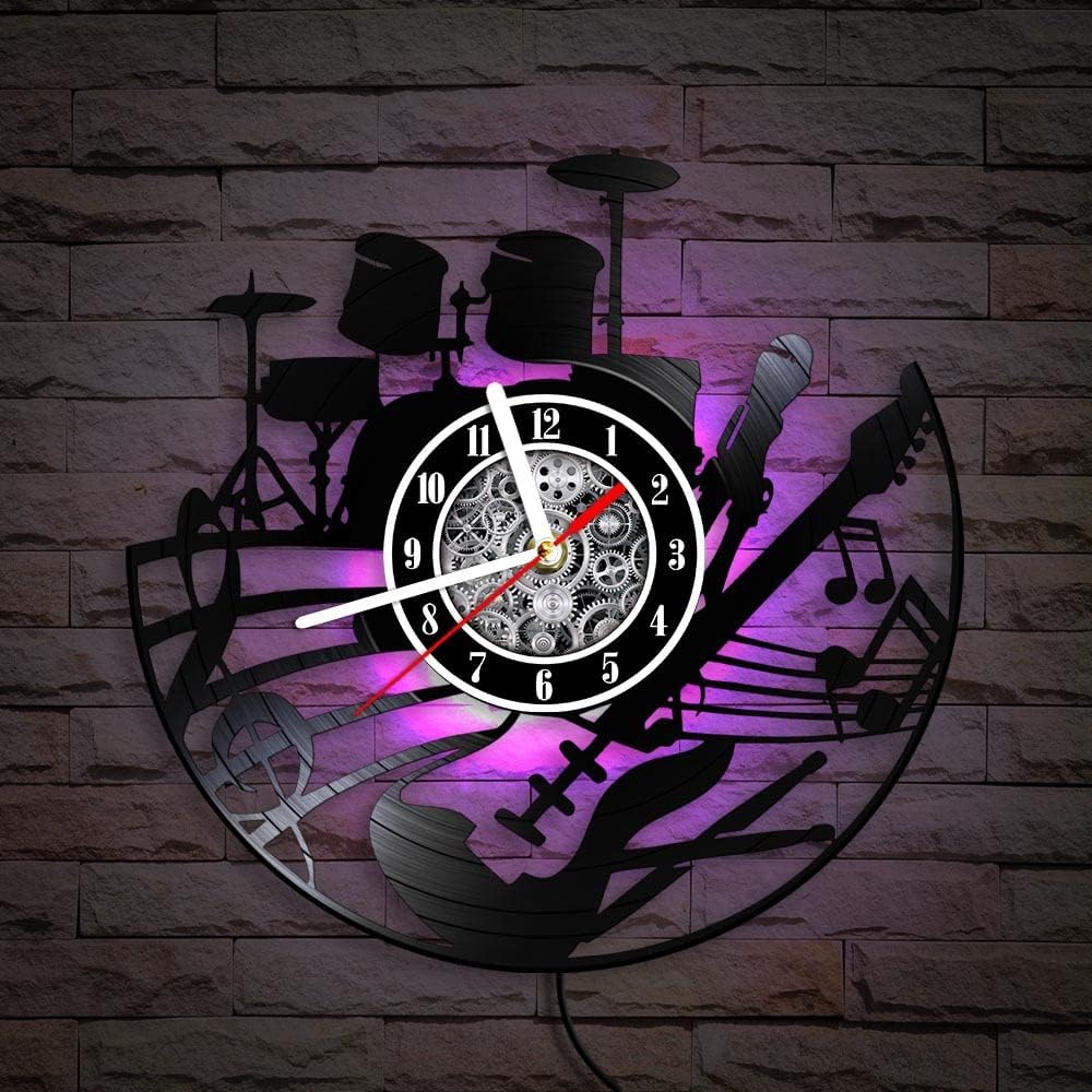The Geeky Days Guitar and Drum Kits Vinyl Record Wall Clock Silent Quartz Watch with USB 7 Color LED Light Music Player Black CD Clock Rock Music Instrument Hanging Sign Rock n Rock Gift