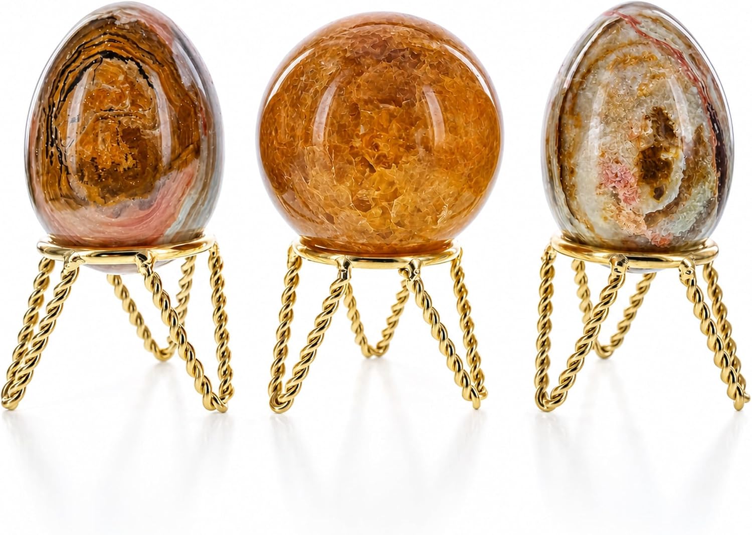 Gold Metal Egg Sphere Crystals Stand Holder Display Tripod 1.6 Inches