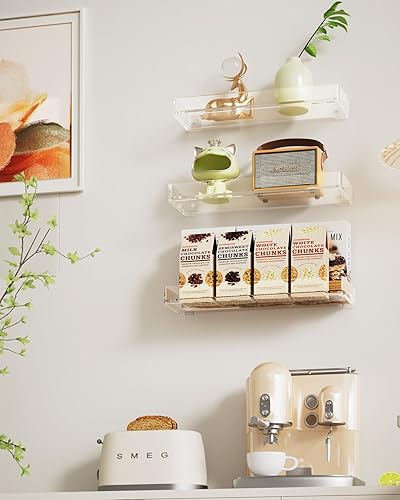 Miniatura 4 de MaxGear Acrylic Clear Floating Shelves with Edge, Wall Mounted Hanging Bookshelves, Decorative Display Wall Shelves Storage Organizer for Bathroom,