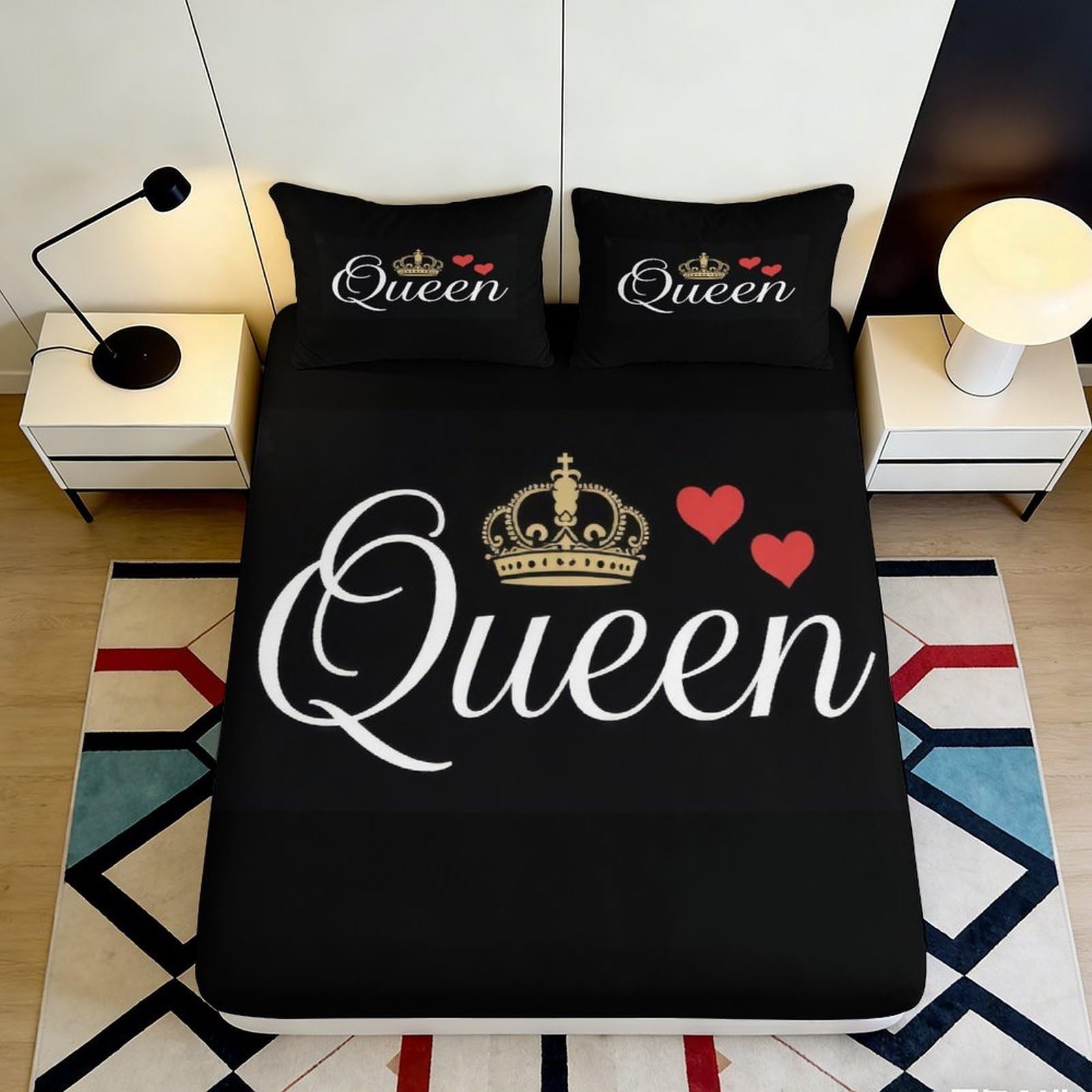 3D Printed Queen Crown Heart Fitted Sheet Microfiber Black Bed Cover for Bedroom Guest Room Dorm Mattress Protection Decor 90x200x25cm