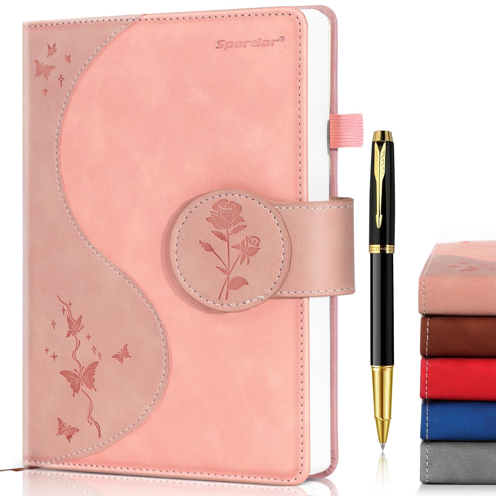 Spardar 300 Pages A5 Notebook, Leather Hardcover Notebook with Pen, Pink