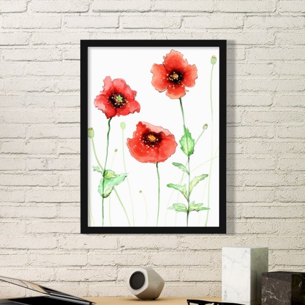 Cadre photo pavot rouge aquarelle pour égayer un mur blanc