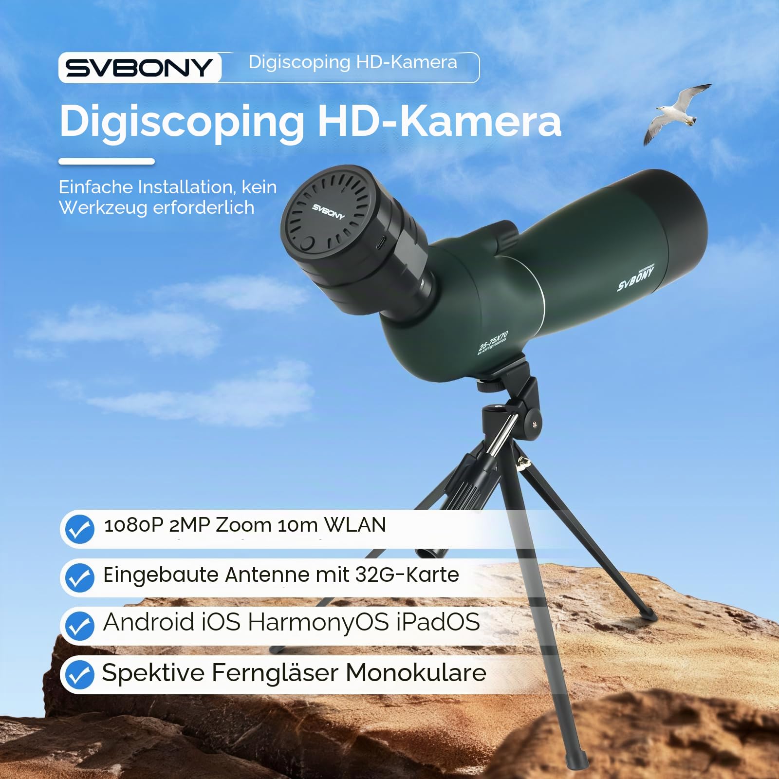 Svbony SV28 25-75x70 Spektiv mit SC002 WiFi Spektiv Kamera, Stativ, HD BAK4 Prisma FMC Handy Adapter Wasserdicht Tragetasche, Spektive für Sportschützen Vogelbeobachtung Natur-Fotografie