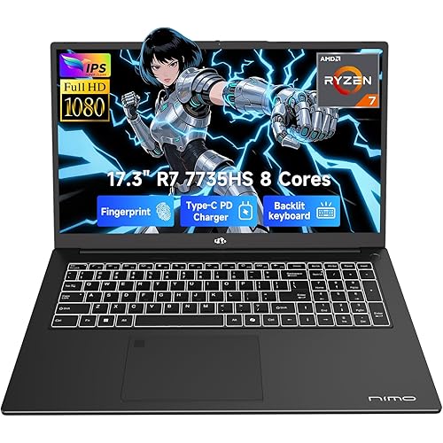 NIMO 17.3" Gaming-Laptop, AMD Ryzen 7 7735HS (8C/16T, Beats i7-12650H) 16GB DDR5 RAM 1TB SSD Computer with Radeon 680M, 100W Type-C Charger, Wi-Fi 6E, 58Wh Battery, Fingerprint, Backlit Keyboard