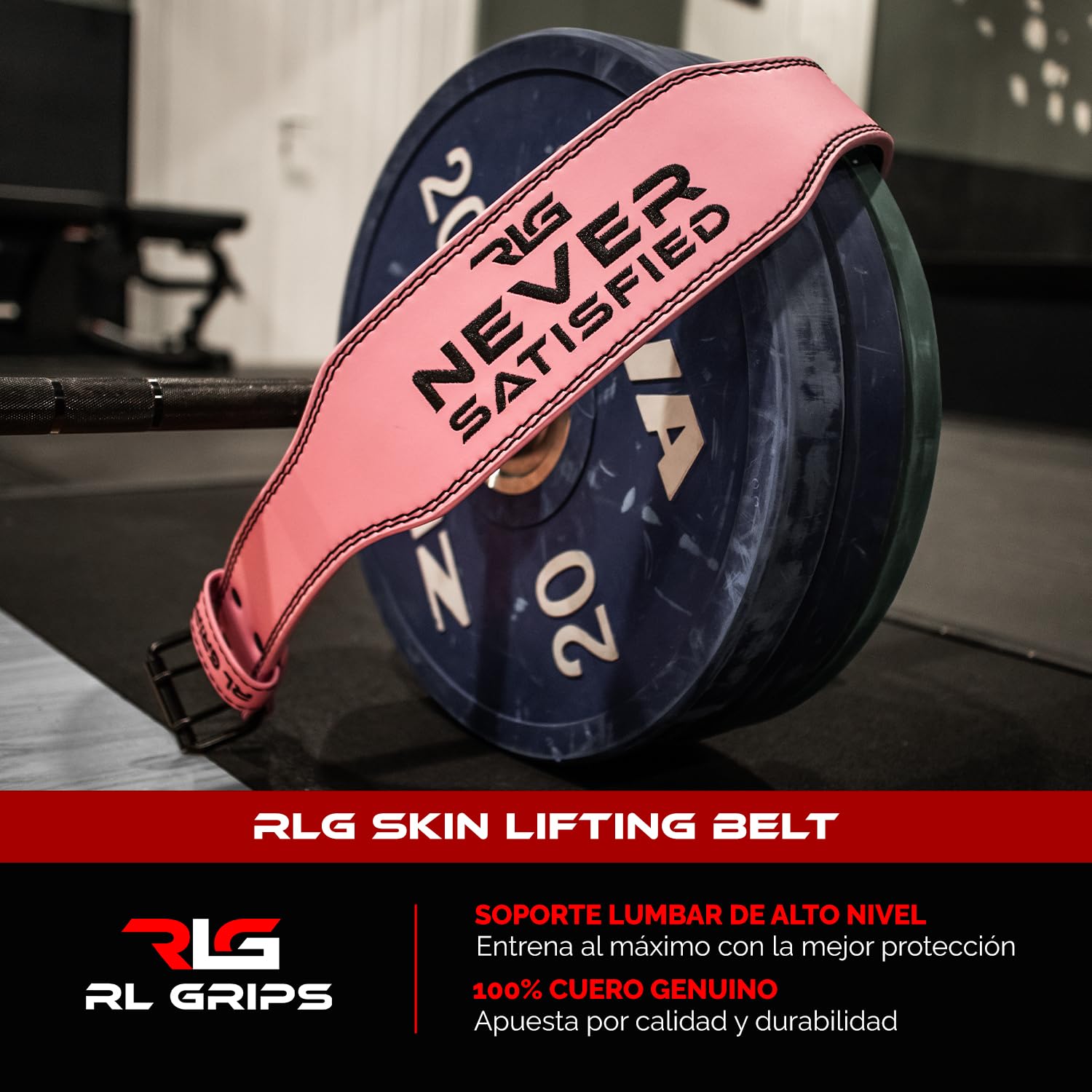 RL Grips® Cinturon de Gimnasio en Cuero para Musculación - Soporte Lumbar de Piel Acolchado para Levantamiento de Pesas, Halterofilia y Fitness