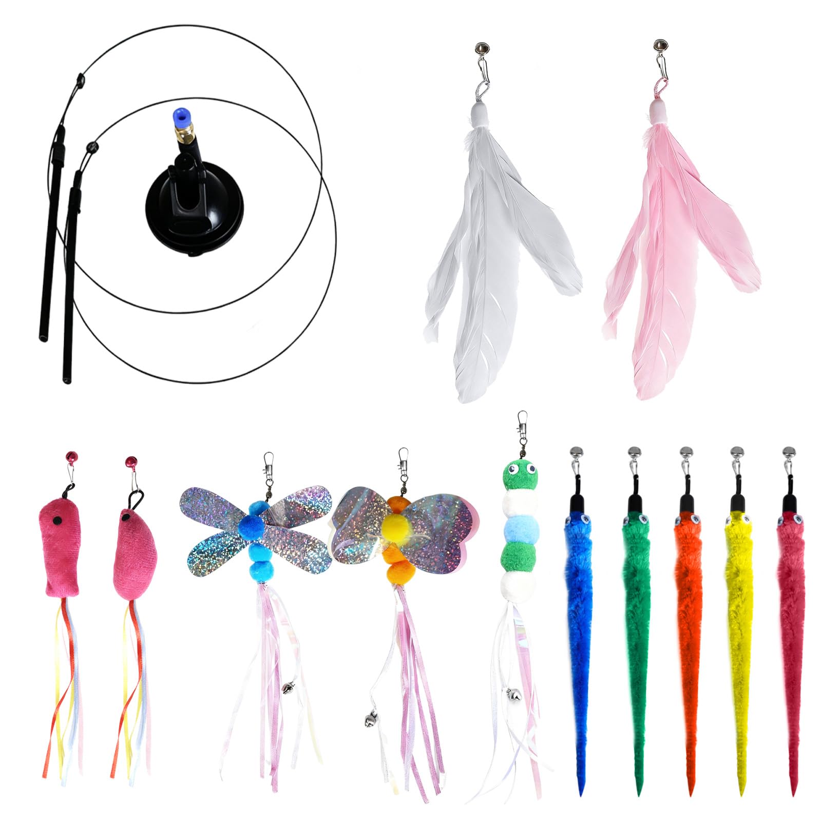 Tacitmeet 12 PCS Cat Feather Toys, 4-in-1 Durable Cat Feather Wand Replacements with Bells for Indoor Kittens & Adult Cats, Enhanced Suction Cup Kittens Fishing Rod for Boredom and Exercise
