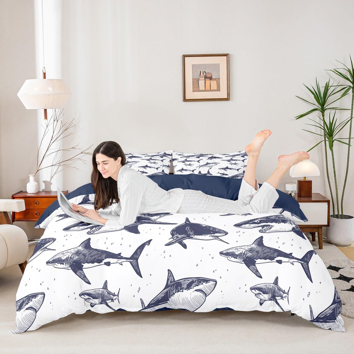 Erosebridal Shark Duvet Cover Full Size Ocean Life Bedding Set for Kids Boys Girls Children Underwater Word Comforter Cover Sea Animal Quilt Cover Grey and White Home Decoration