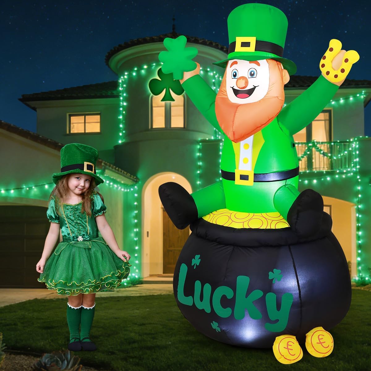 GOOSH 6.2FT St. Patricks Day Inflatables Decorations Outdoor Leprechaun Holding Lucky Shamrock & Horseshoe Sitting on The Pot of Gold Built-in LED Lights for Yard Lawn Vacation Décor