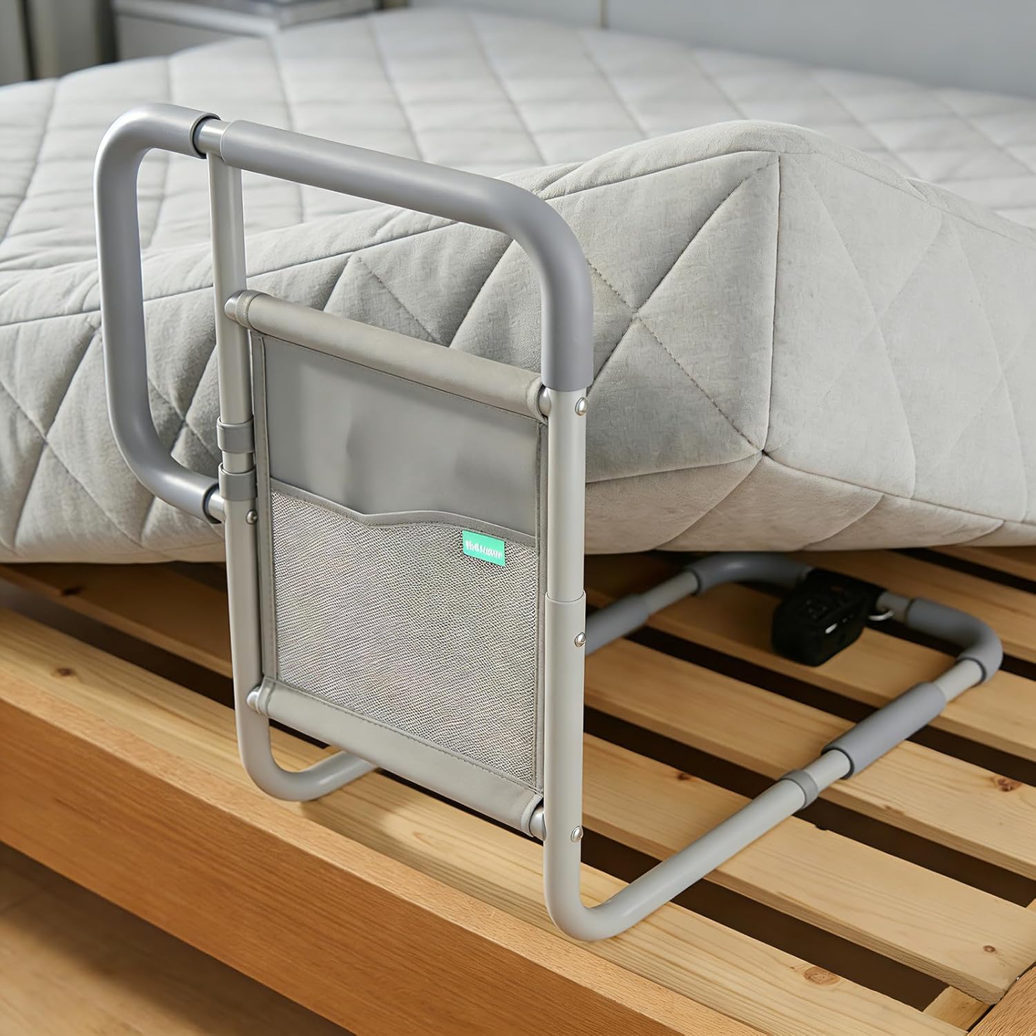 Bed Rails for Elderly Adults, ASTM Approved Bed Assist Rail with Dual Non-Slip Handles for Easily Getting in & Out of Bed, Bed Rail with Storage Pocket, fits King, Queen, Full, Twin Bed, 350lbs