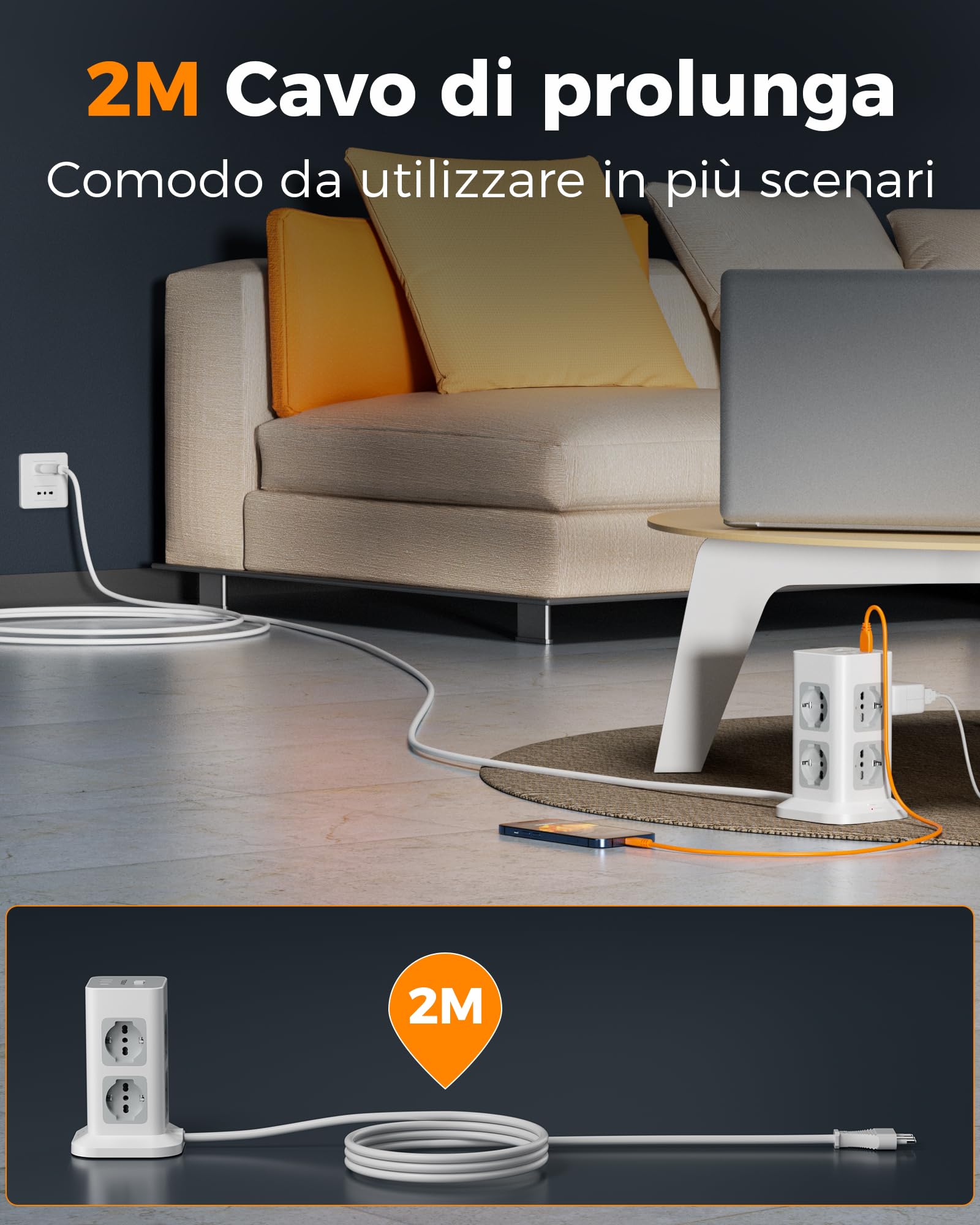 TESSAN Ciabatta Multipresa con USB 20W, Ciabatta Elettrica con 8 Prese IT 16A, Torretta Multipresa Protezione Sovratensione con Interruttore e Prolunga Elettrica 2 Metri, 3680W Presa, Girgio