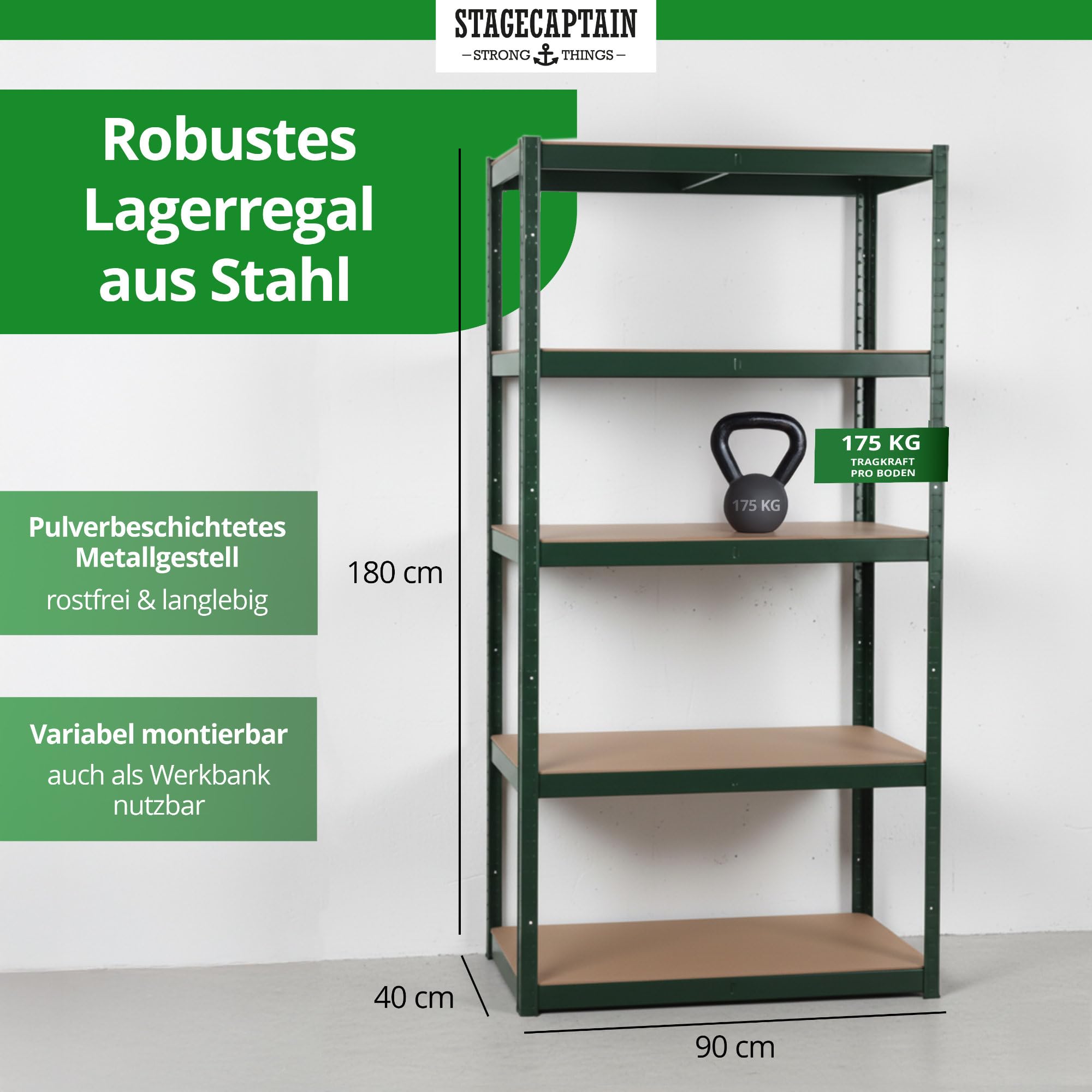 Stagecaptain 2 x zestaw regałów magazynowych Heavyrack – 5 półek do montażu – metal malowany proszkowo – możliwość przebudowy na stół warsztatowy – nośność jednej półki: 175 kg – nośność całkowita 875