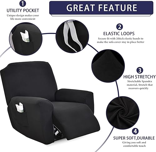 Miniatura 52 de Funda reclinable, elástica, suave, antideslizante, para silla reclinable, 4 piezas, protector de muebles para sillón reclinable con bolsillo
