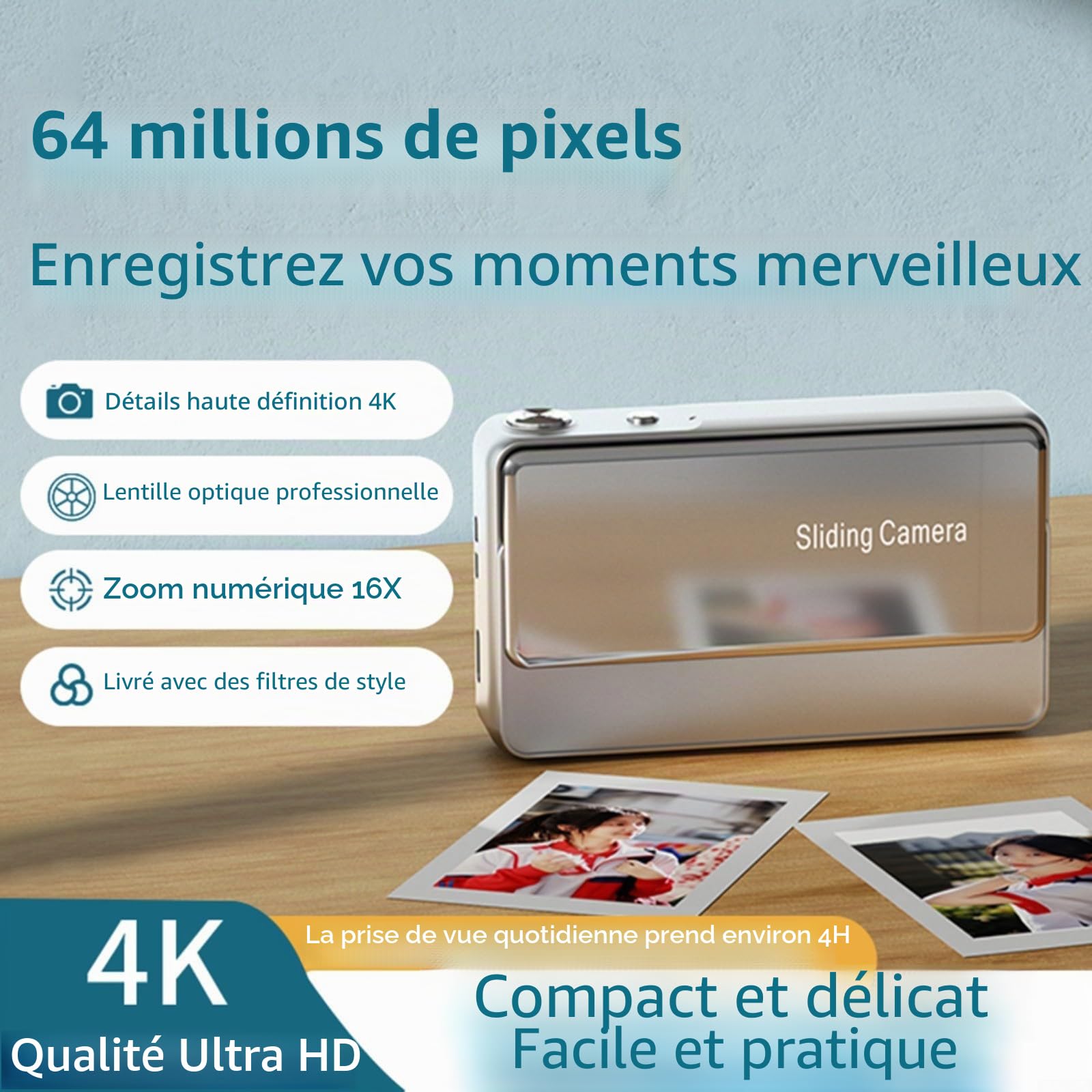 Appareil photo numérique coulissant 64 MP avec zoom numérique 16x, écran HD de 2,8", vidéo 4K, design compact et portable pour étudiants et débutants (Blanc)(Rose)