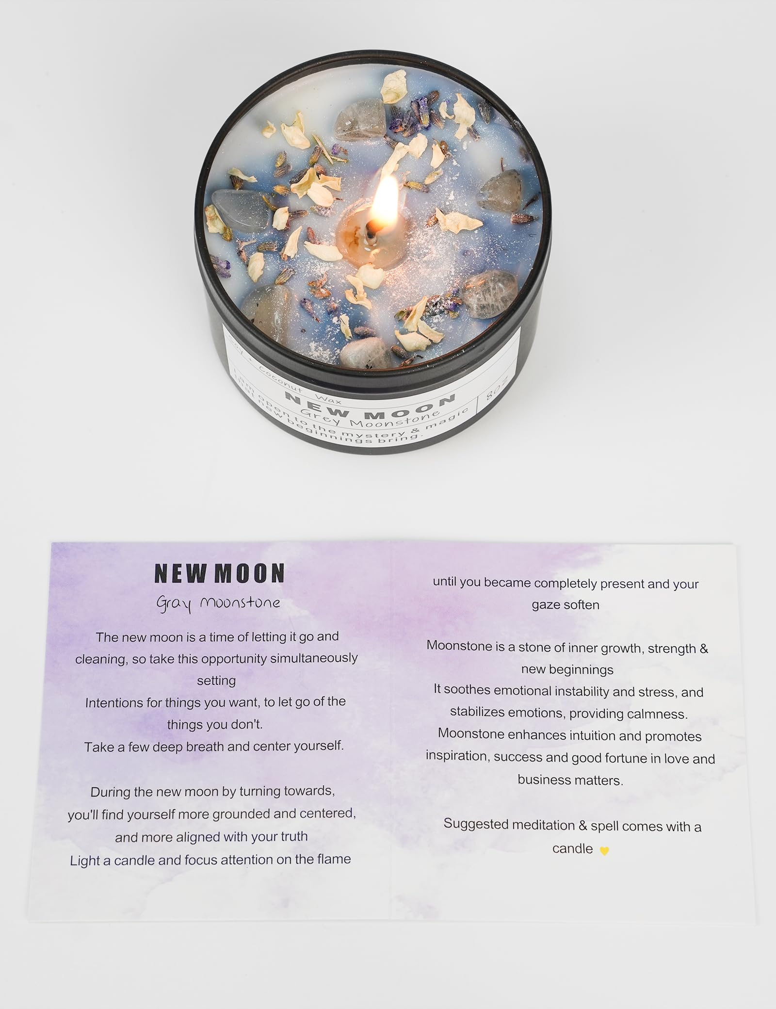 Księżyc w nowiu szary kamień księżycowy nowe początki rytuał energia prezent uziemienie manifestacja zamiar odstresu szczęście sukces ochrona medytacja magiczna ręcznie wykonana świeca (236 g).