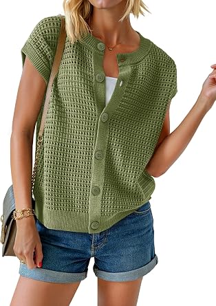 Saodimallsu Womens Short Cap Sleeve Sweater Vest Crochet Button Down Cardigans Crew Neck Summer Knit Tops