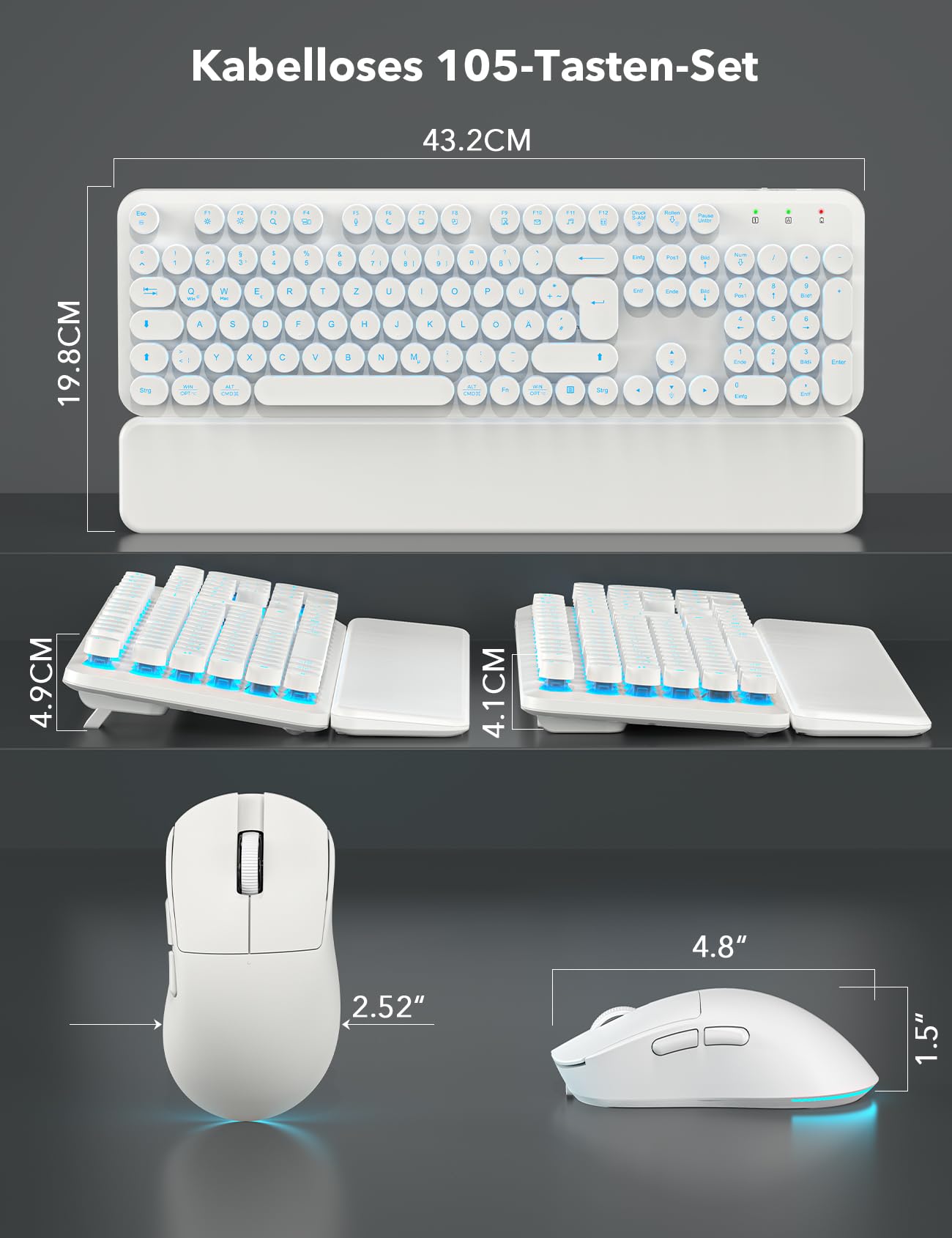 Sablute Tastatur Maus Set Kabellos QWERTZ mit beleuchteten Rundtasten | 105 Tasten, 7 Lichtfarben, magnetische Handballenauflage, USB-C aufladbar, 2,4 GHz USB Empfänger, 6-Tasten-Maus