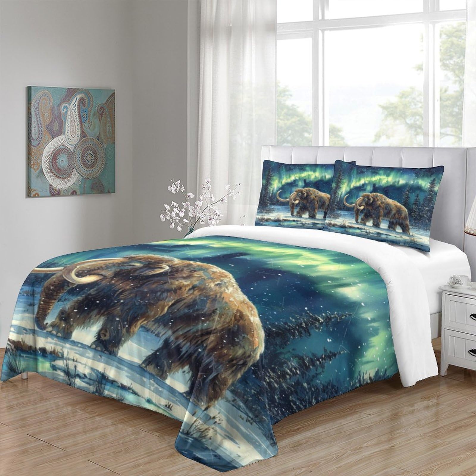 3-częściowy zestaw pościeli z nadrukiem mamuta, mamut, z mikrofibry, z zamkiem błyskawicznym, rozmiar king size (220 x 240 cm), dla nastolatków i dorosłych