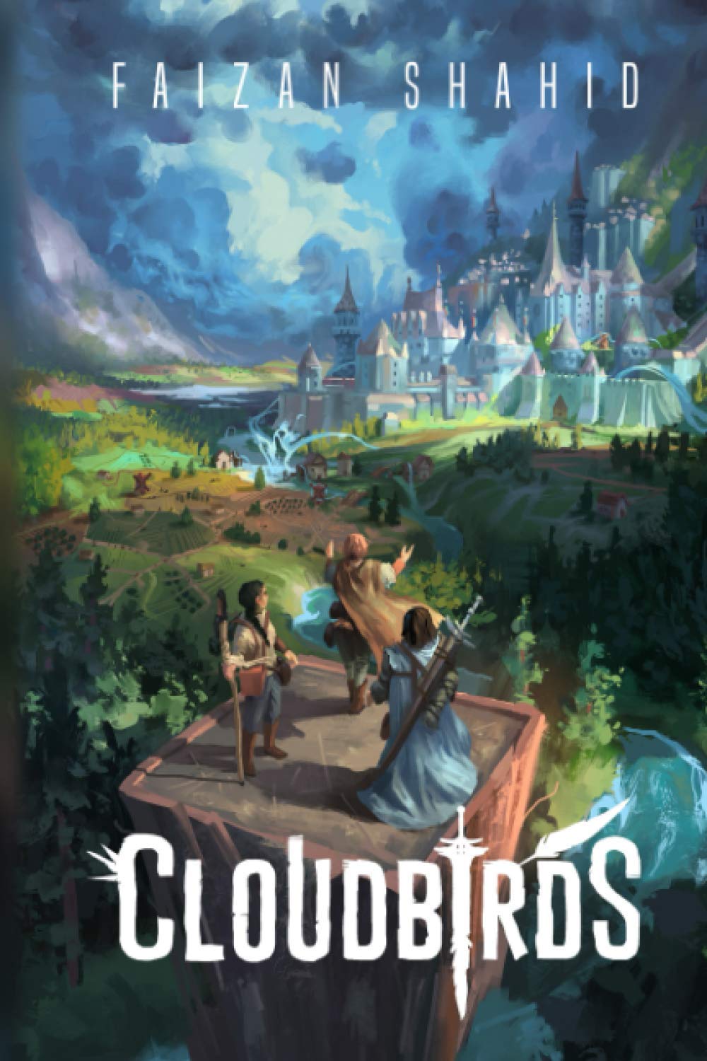 Front cover of the Cloudbirds novel, featuring an epic fantasy landscape with a large castle, mountains, and three figures standing on a floating platform looking towards the castle. The title 'Cloudbirds' is prominently displayed at the bottom.