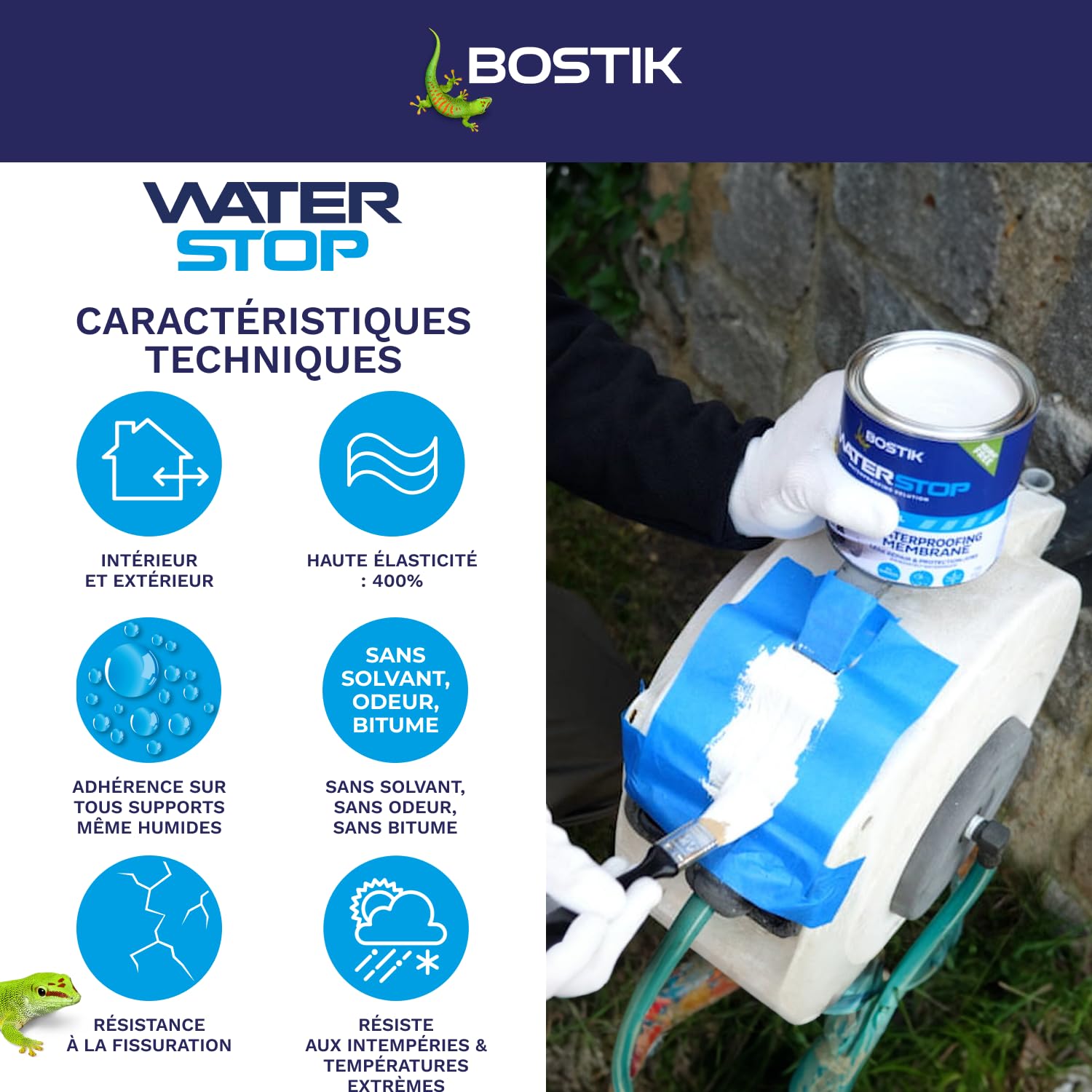 Bostik Membrana de sellado Waterstop - Junta, pegamento, boca - Reparación de fugas, infiltraciones, grietas - todos los materiales - Directa sin imprimación - MS Polímero - Blanco - Bote 1 kg