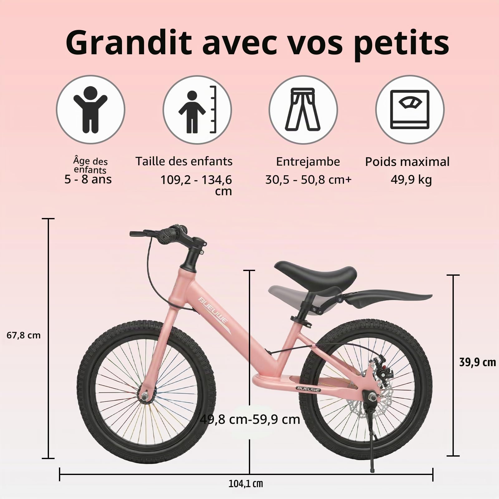 Draisienne pour enfant de 16 pouces avec frein à disque – Moyeux clignotants et rayons colorés, siège réglable, cadre en acier au carbone, pour garçons et filles âgés de 5 à 8 ans(rose)
