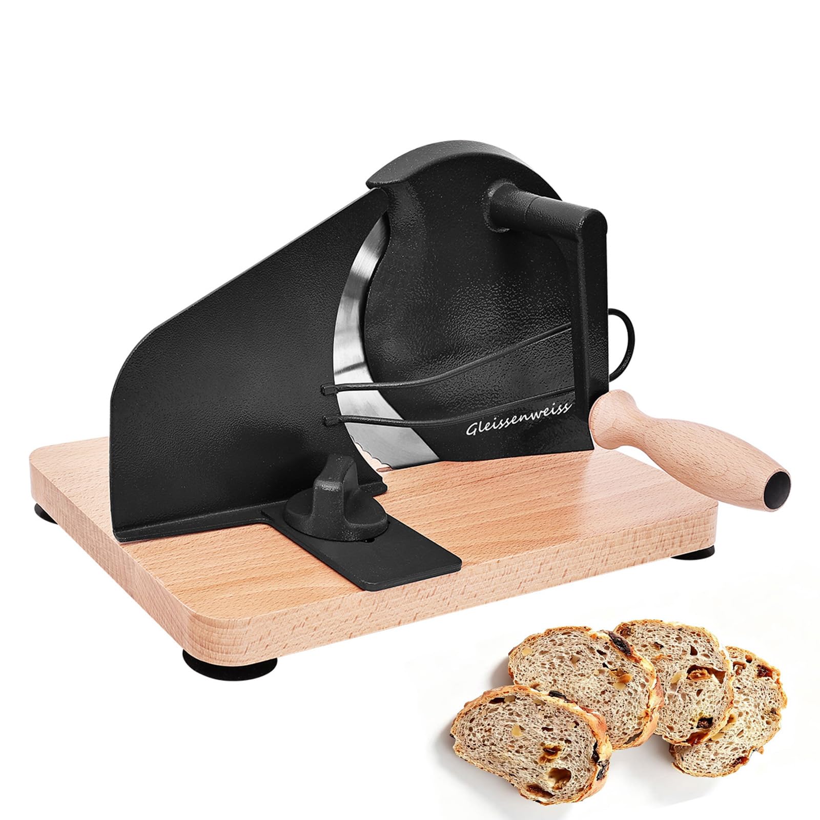 Manuelle Brotschneidemaschine mit Handkurbel, Einstellbare Scheibendicke 0–20 mm, Edelstahl-Wellenschliffklinge, Massivholz-Basis, Für Sauerteigbrot, Selbstgebackenes Brot, Toast & Baguette