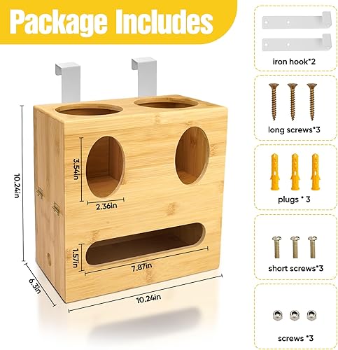 Miniatura 7 de Dispensador de bolsas de basura de madera, 3 en 1 de bambú para bolsas de comestibles y dispensador de bolsas de basura para bolsas de comestibles y